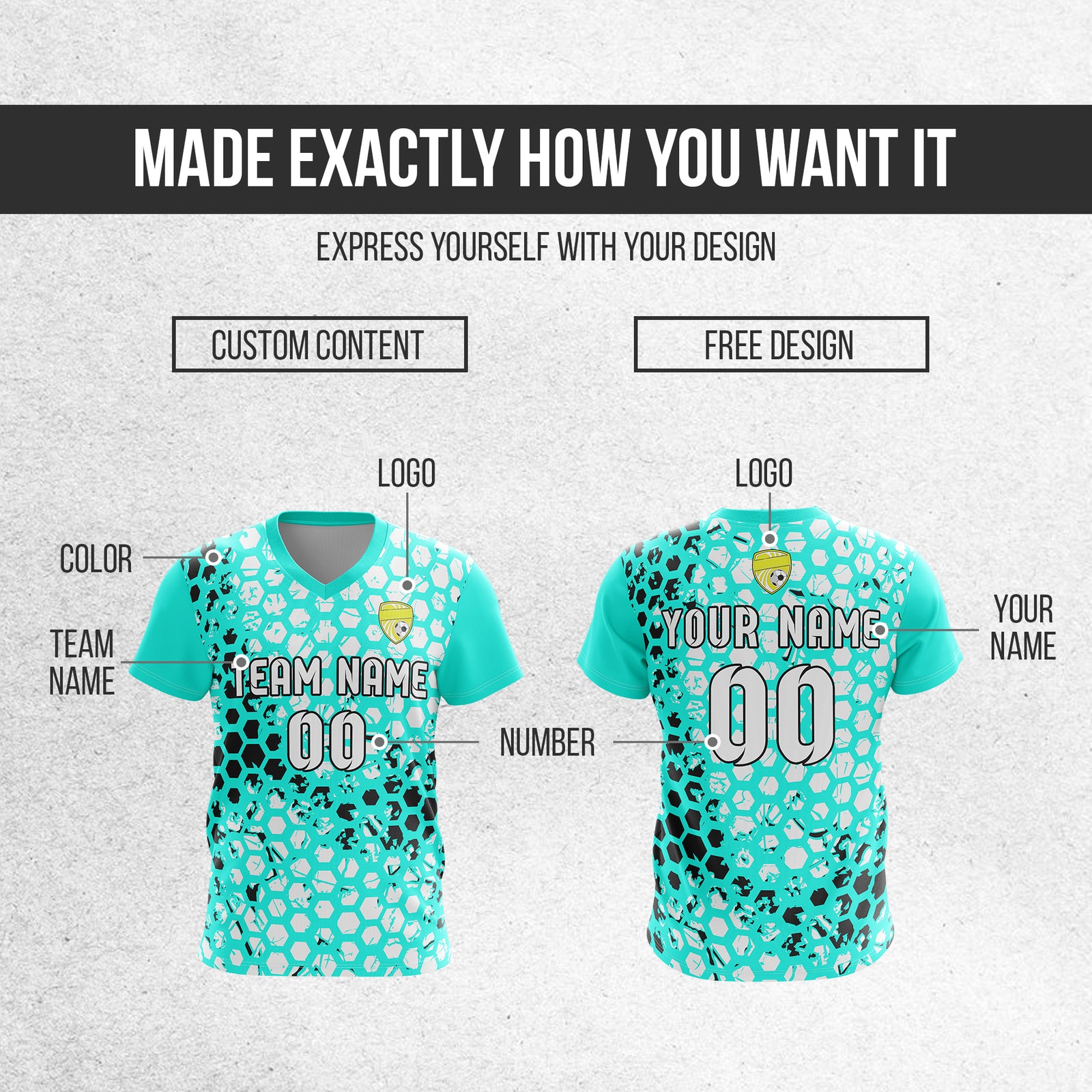Custom Hex V-Full Pattern Aqua Soccer sport Tops Jersey