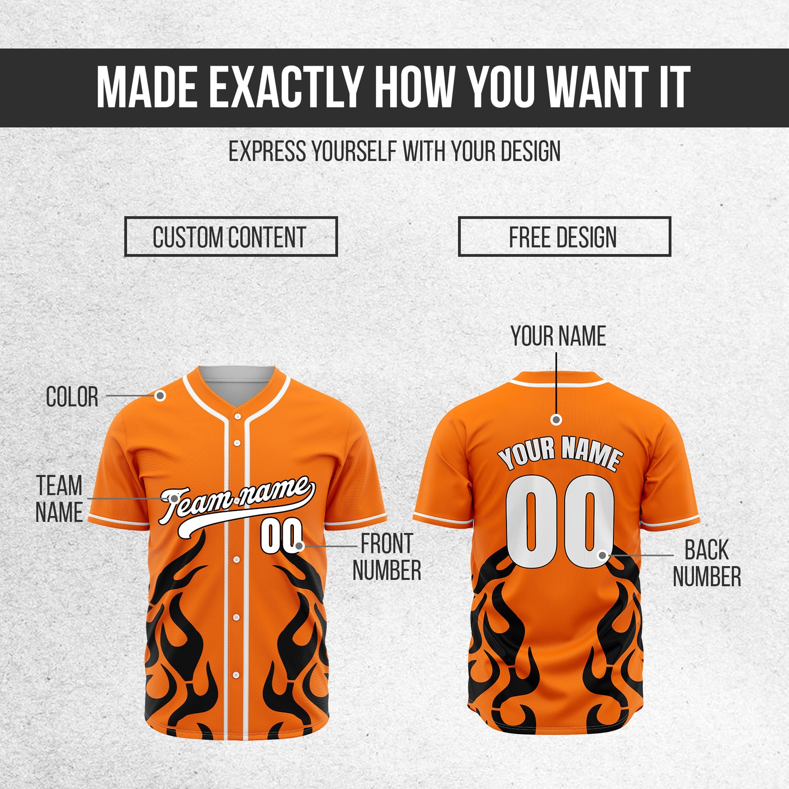 Custom Shadow Flames Orange Baseball Sports Jersey Personalized Uniform with Name & Number