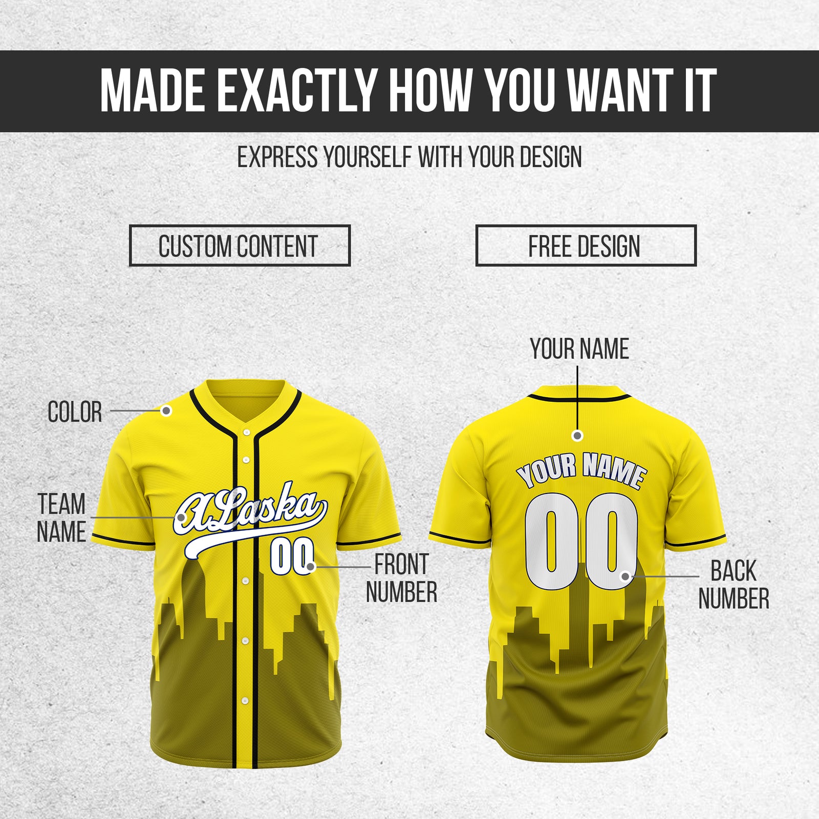 Custom City Horizon Yellow Baseball Sports Jersey Personalized Uniform with Name & Number