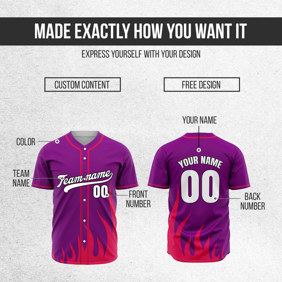 Custom Fire Pulse Purple Baseball Sports Jersey Personalized Uniform with Name & Number