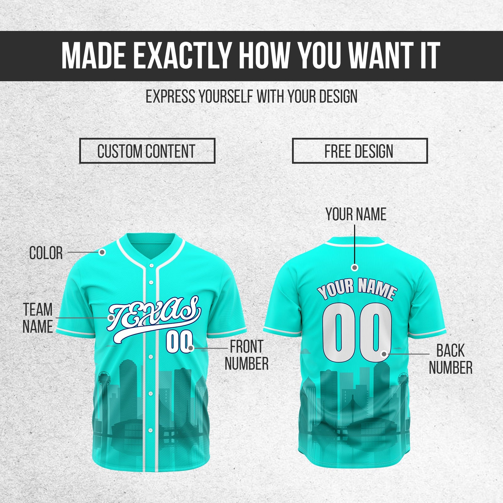 Custom City Lights Aqua Baseball Sports Jersey Personalized Uniform with Name & Number