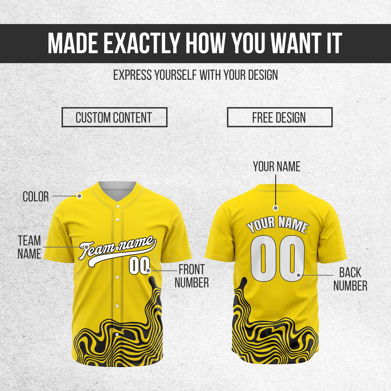 Custom Wave Yellow Baseball Sports Jersey Personalized Uniform with Name & Number