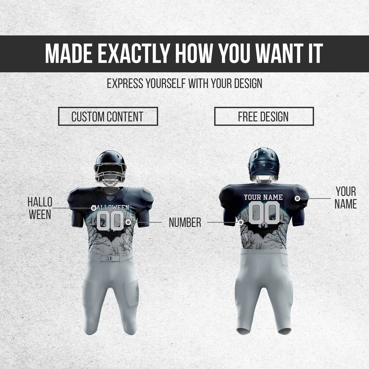 Custom Midnight Bat Halloween American Football Jersey Personalized Uniform with Name & Number