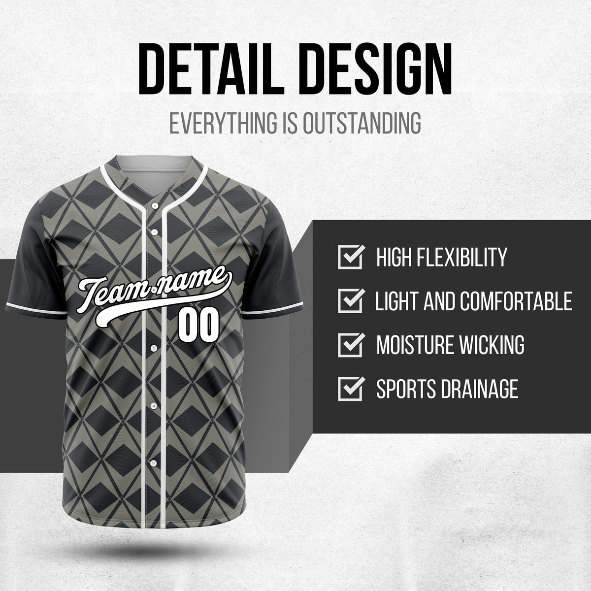 Custom Rhombus Blaze Dark Grey Baseball Sports Jersey Personalized Uniform with Name & Number