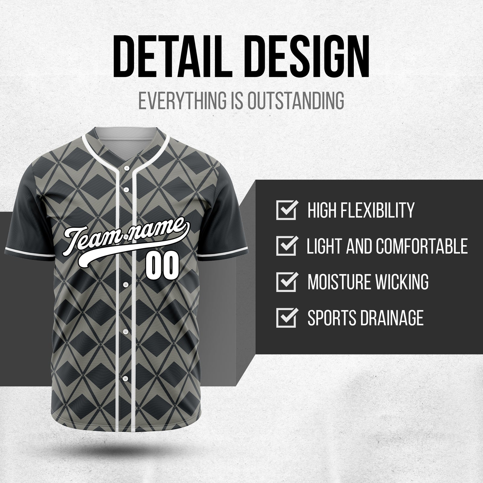 Custom Rhombus Blaze Dark Grey Baseball Sports Jersey Personalized Uniform with Name & Number