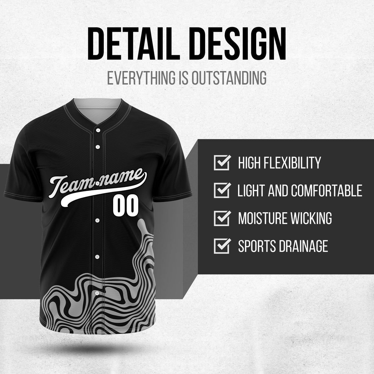 Custom Wave Black Baseball Sport Jersey Personalized Uniform with Name & Number