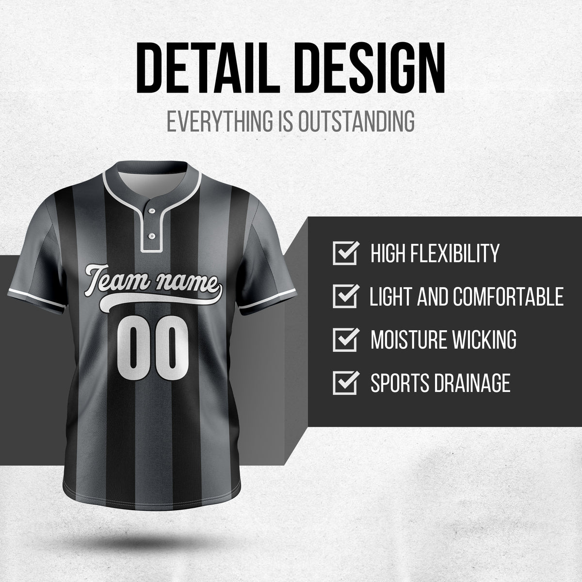 Custom Dual Stripe Dark Grey Baseball Sports Jersey Personalized Uniform with Name & Number