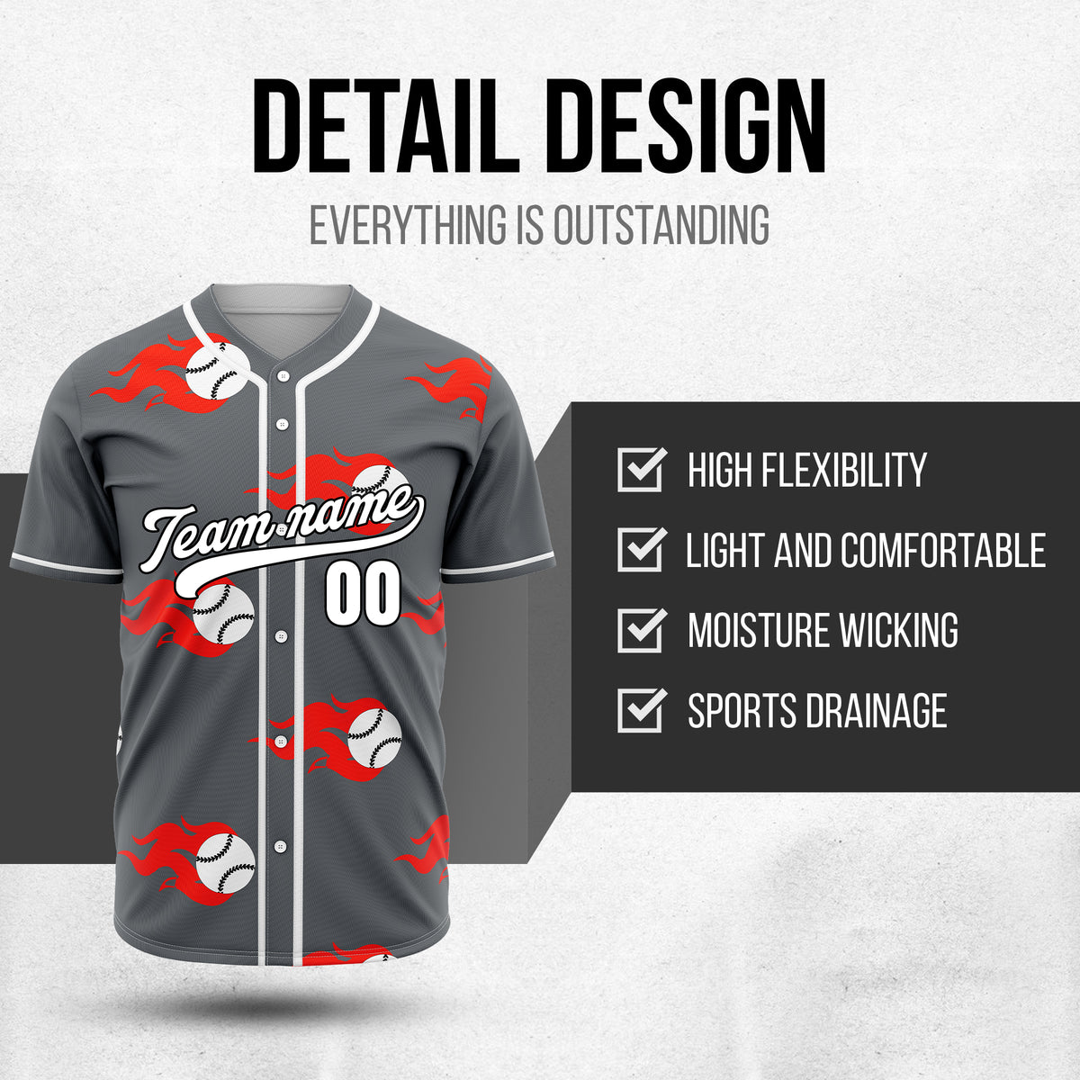 Custom Fireballers Dark Grey Baseball Sports Jersey Personalized Uniform with Name & Number