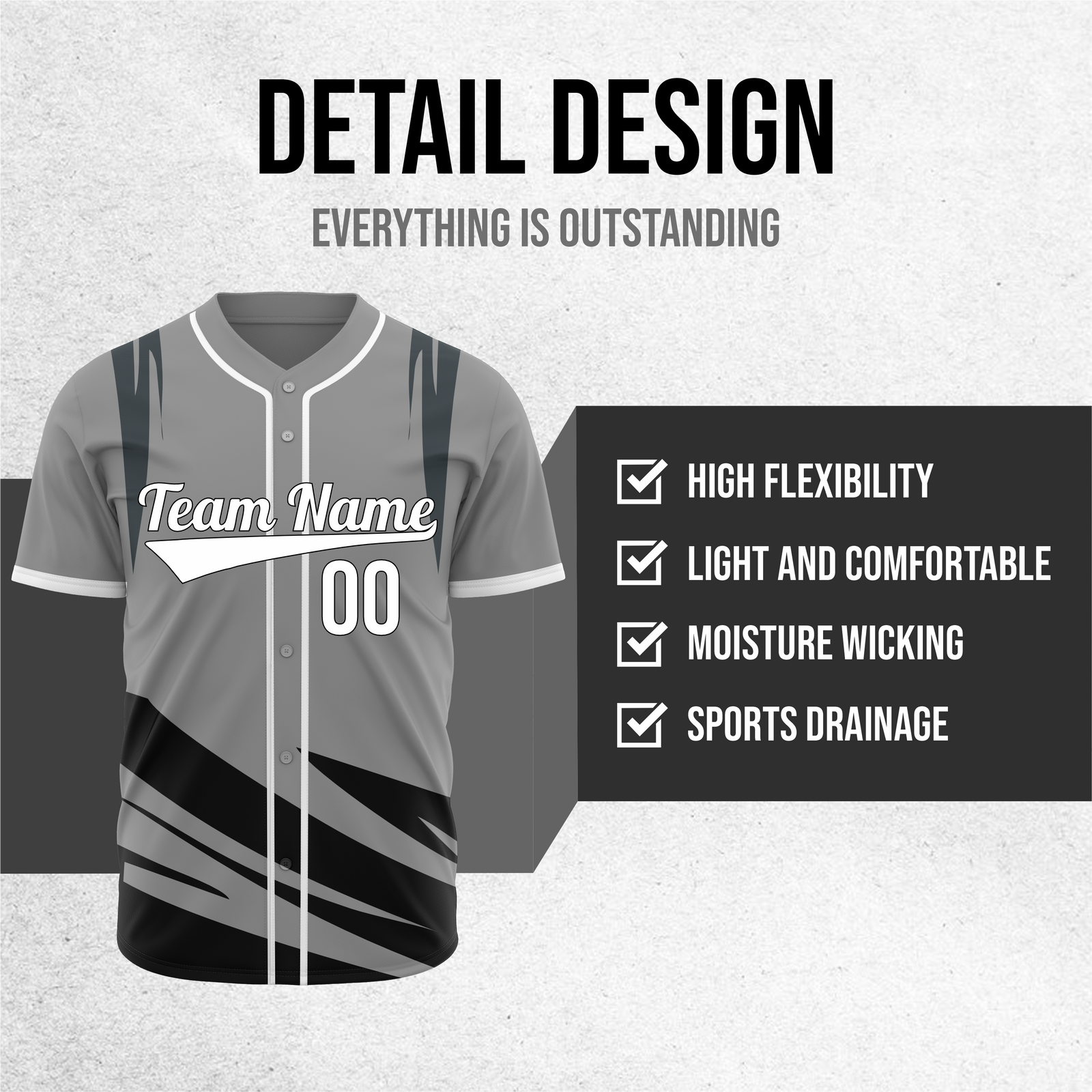 Custom Curve Edge Baseball Grey Sports Jersey Personalized Uniform with Name & Number