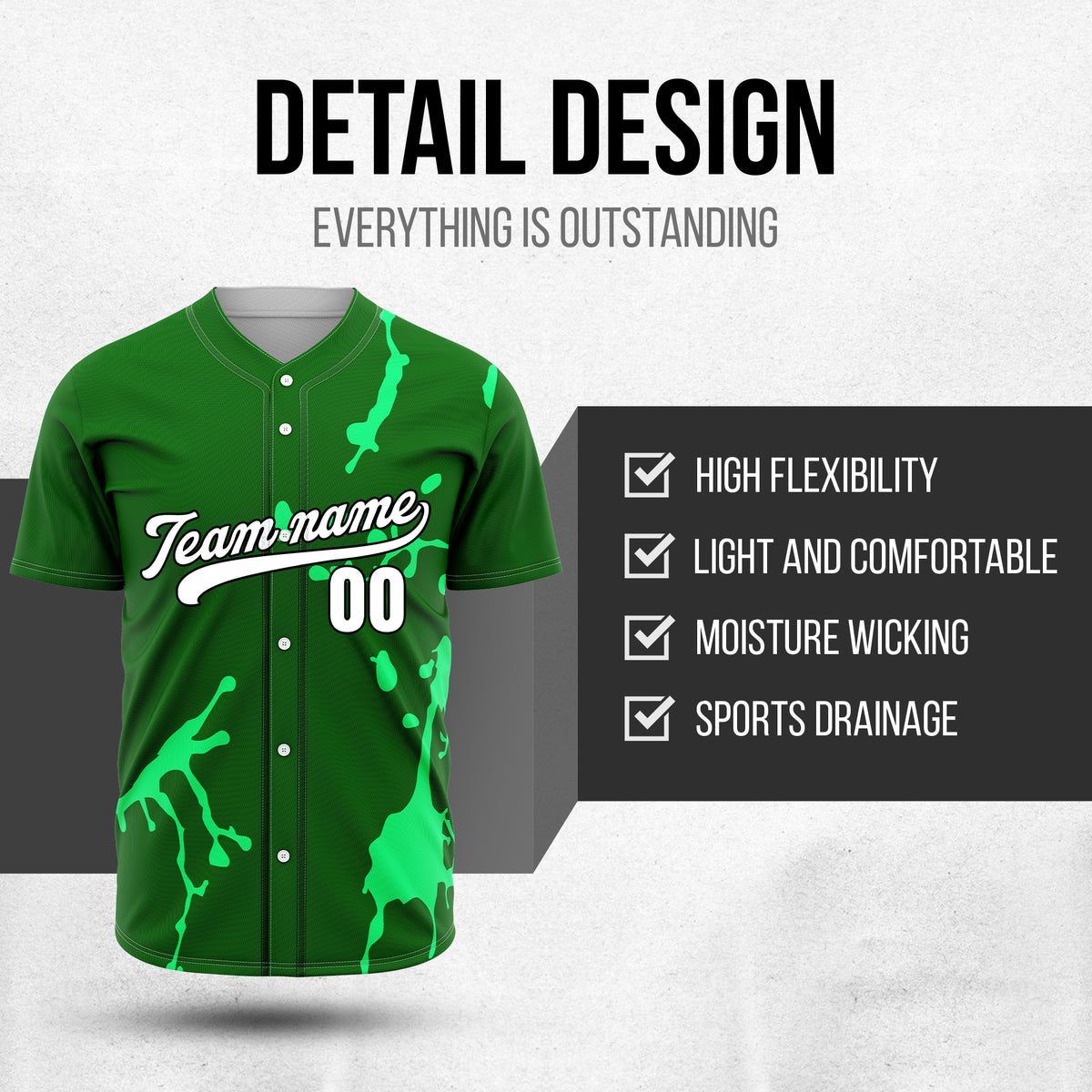 Custom Ink Paint Pop Green Baseball Sports Jersey Personalized Uniform with Name & Number