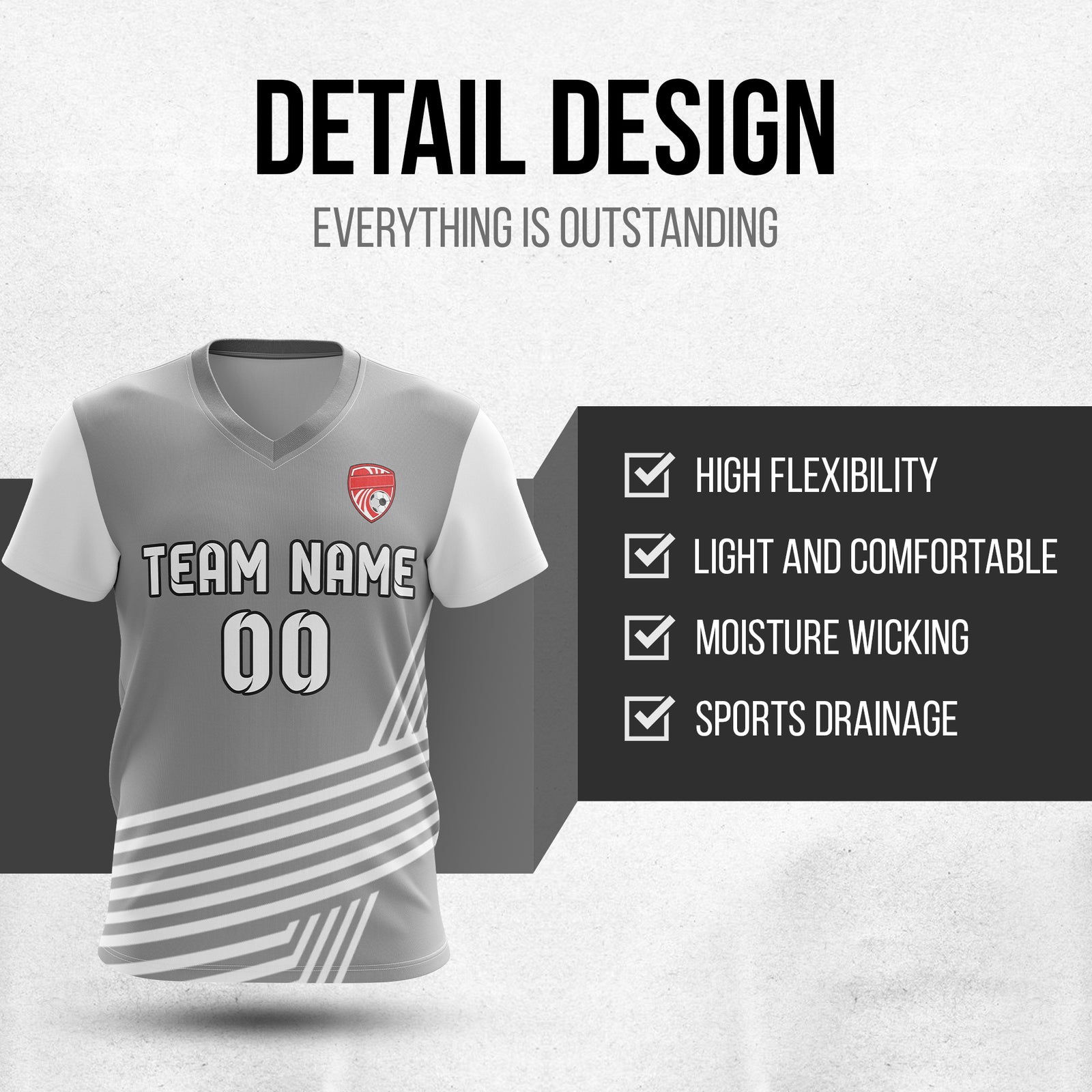 Custom Rapid Line V-Side Pattern Grey Soccer sport Tops Jersey
