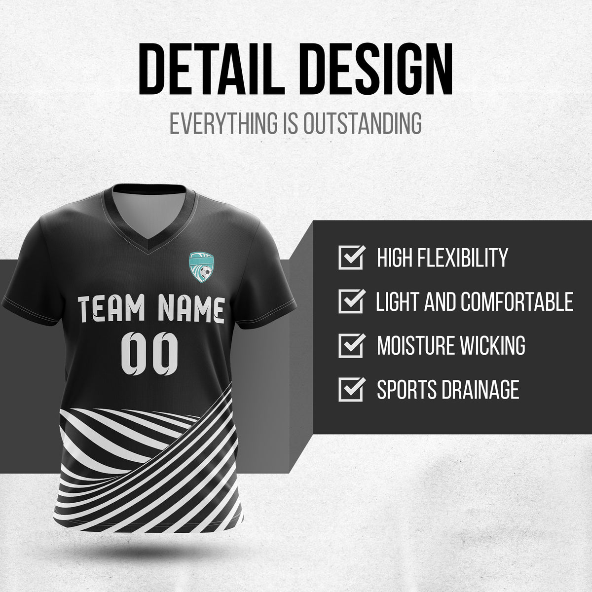 Custom WaveLine Stripe V-Neck Black Soccer sport Tops Jersey