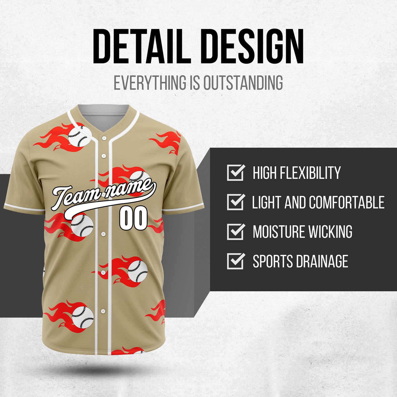 Custom Fireballers Khaki Baseball Sports Jersey Personalized Uniform with Name & Number