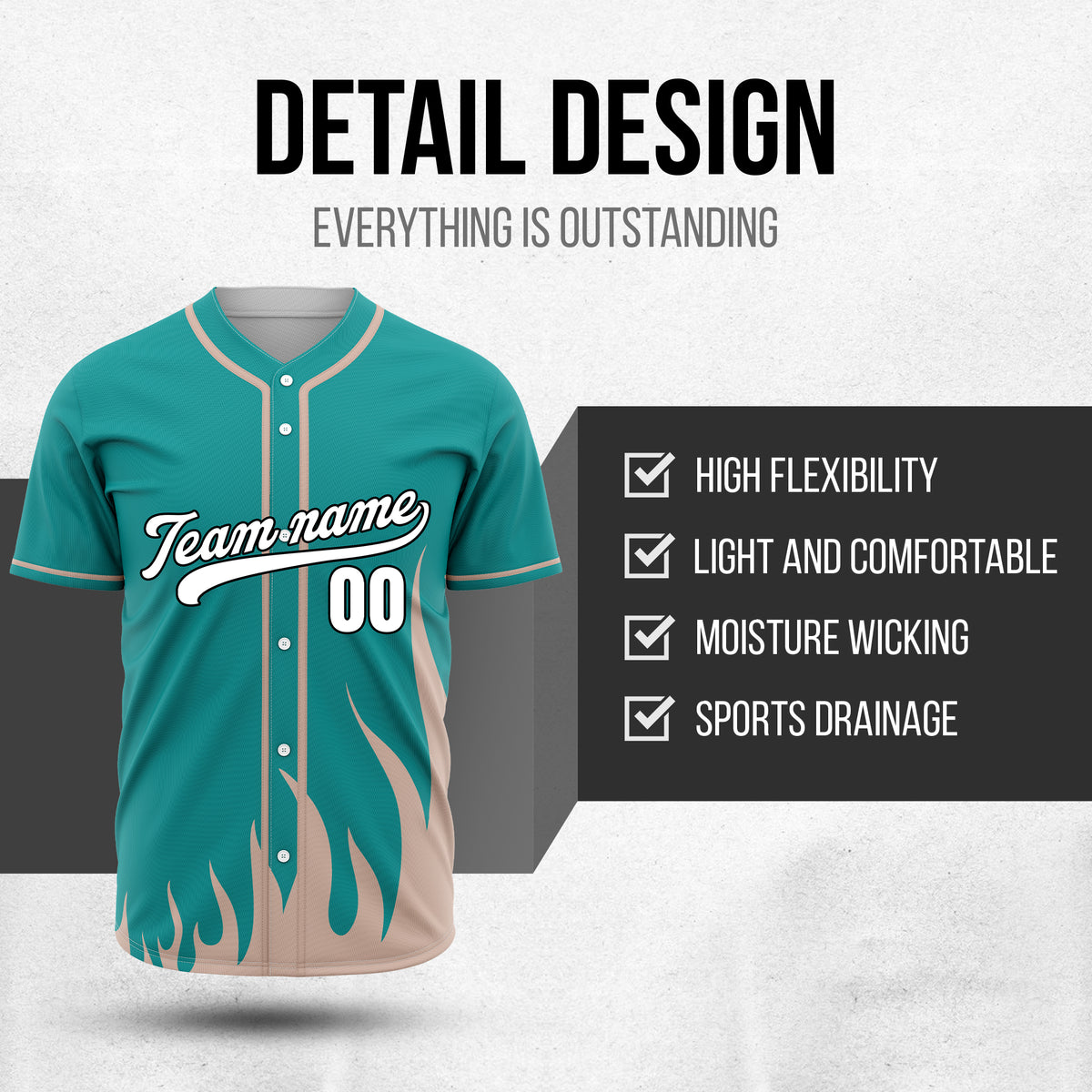 Custom Fire Pulse Teal Baseball Sports Jersey Personalized Uniform with Name & Number
