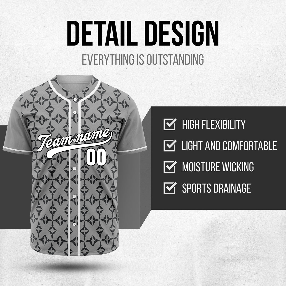 Custom Rhombic Grey Baseball Sports Jersey Personalized Uniform with Name & Number