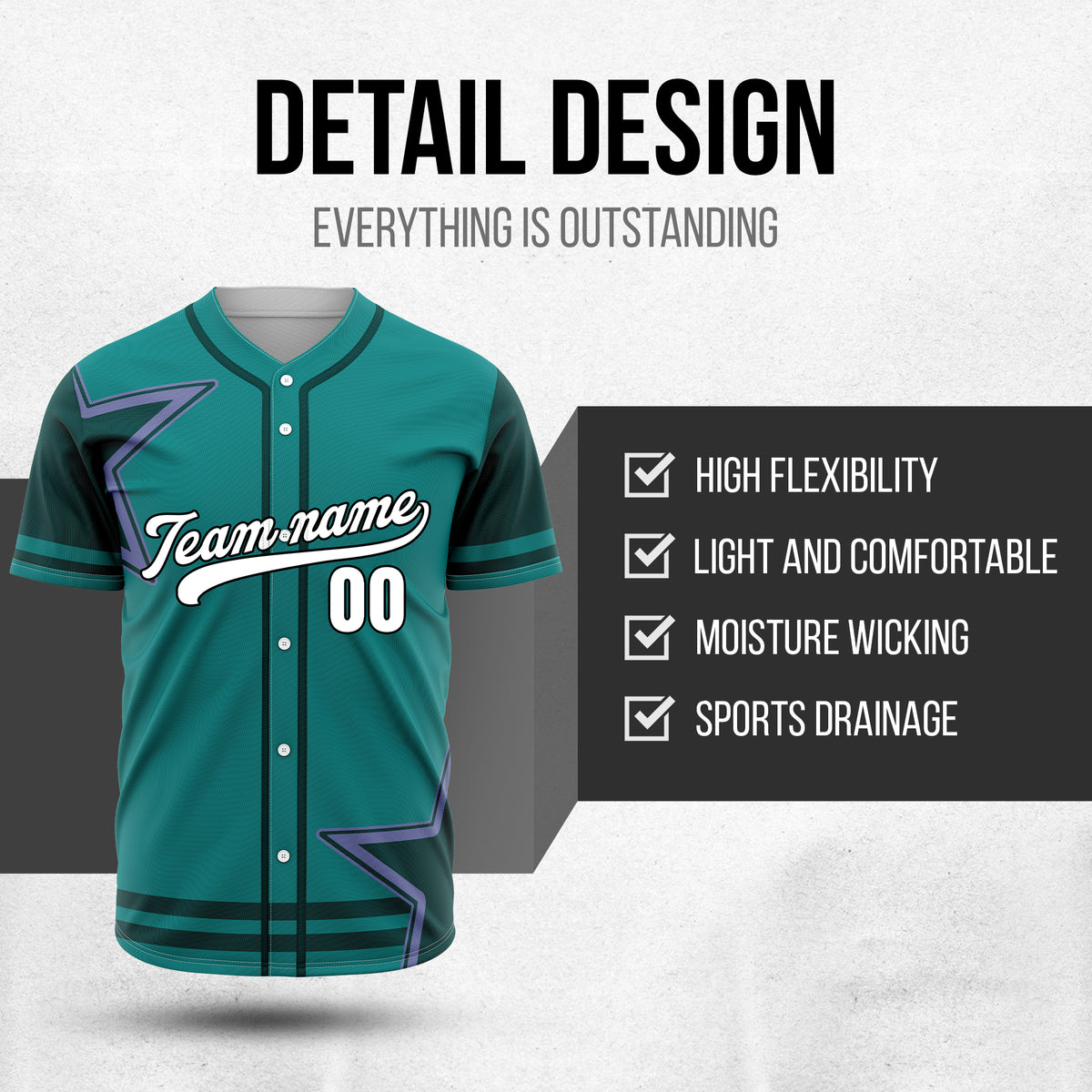 Custom Star Classic Baseball Teal Sports Jersey Personalized Uniform with Name & Number