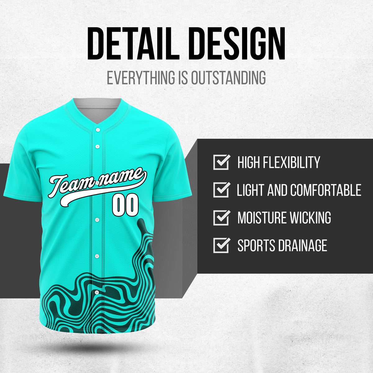 Custom Wave Aqua Baseball Sport Jersey Personalized Uniform with Name & Number