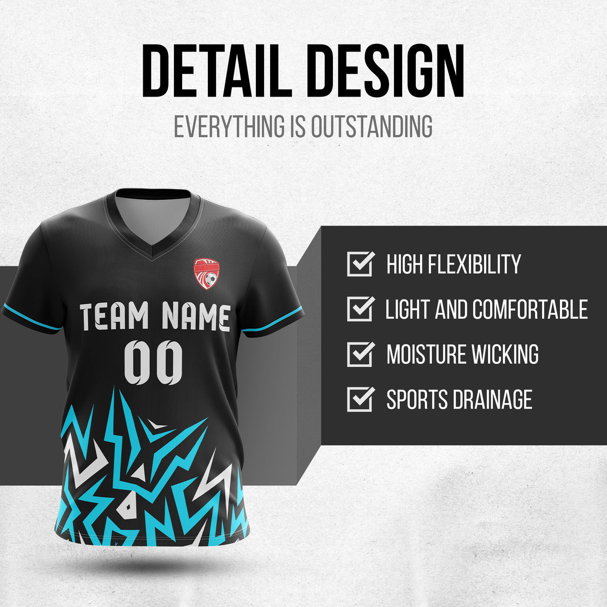 Custom Spark Strike V-Side Pattern Black Soccer sport Tops Jersey
