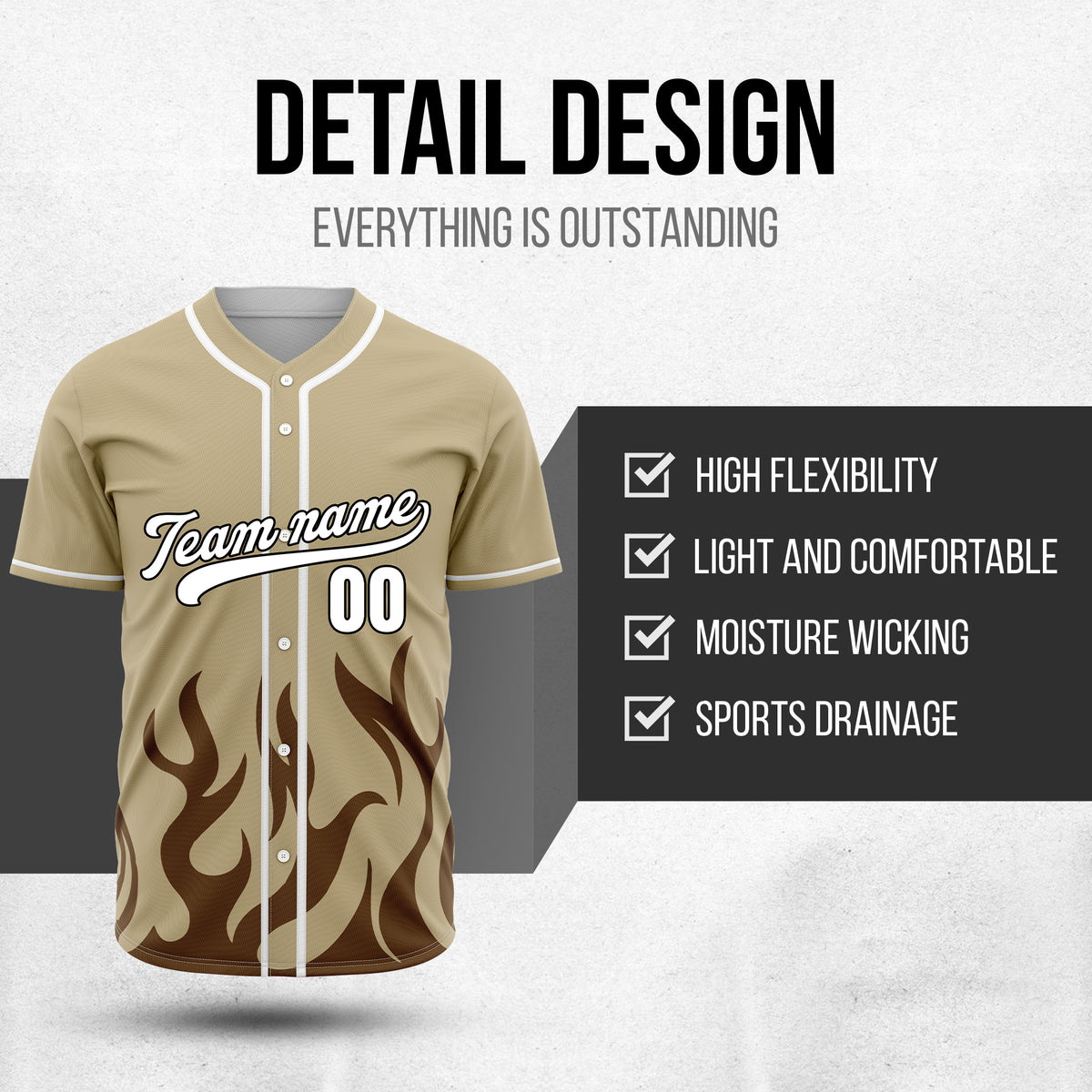 Custom Burnout Khaki Baseball Sports Jersey Personalized Uniform with Name & Number