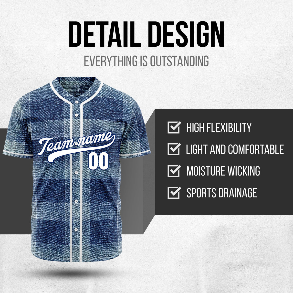Custom Deep Indigo Denim Baseball Sports Jersey Personalized Uniform with Name & Number