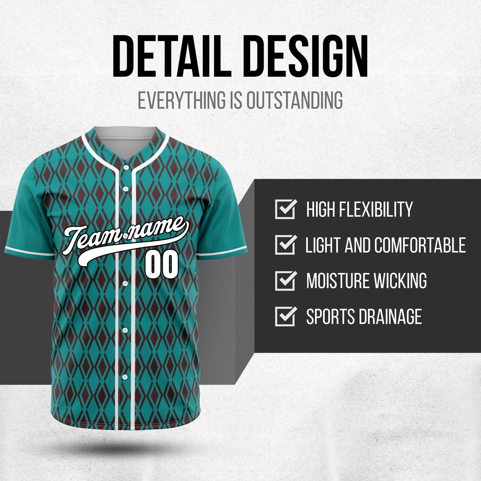 Custom Rhombic Edge Teal Sports Jersey Personalized Uniform with Name & Number