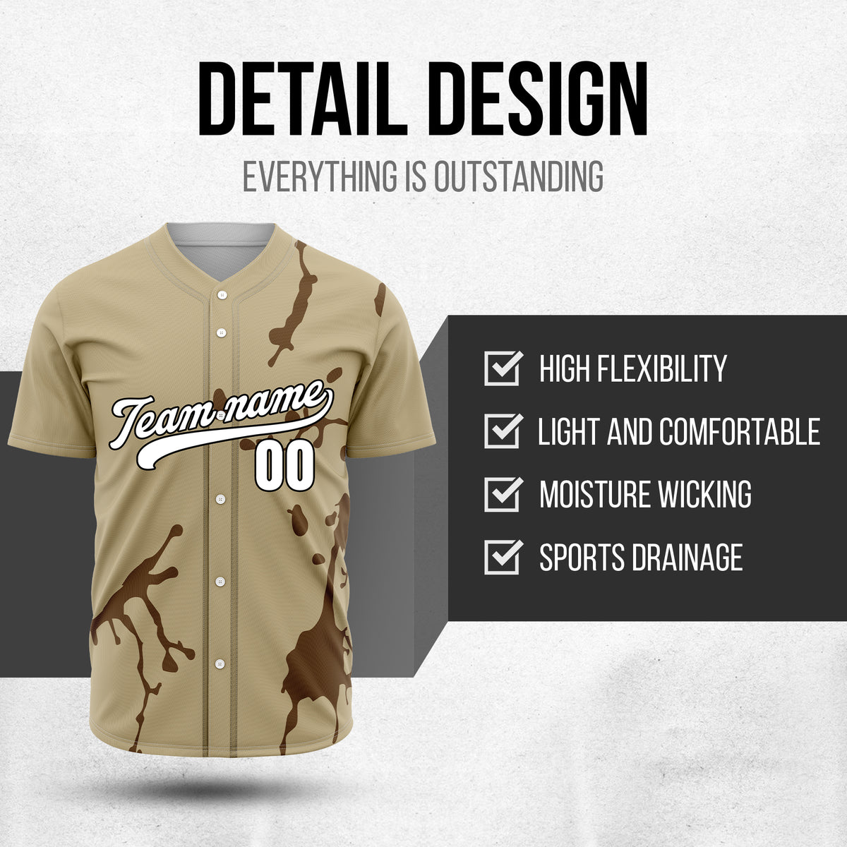 Custom Ink Paint Pop Khaki Baseball Sports Jersey Personalized Uniform with Name & Number