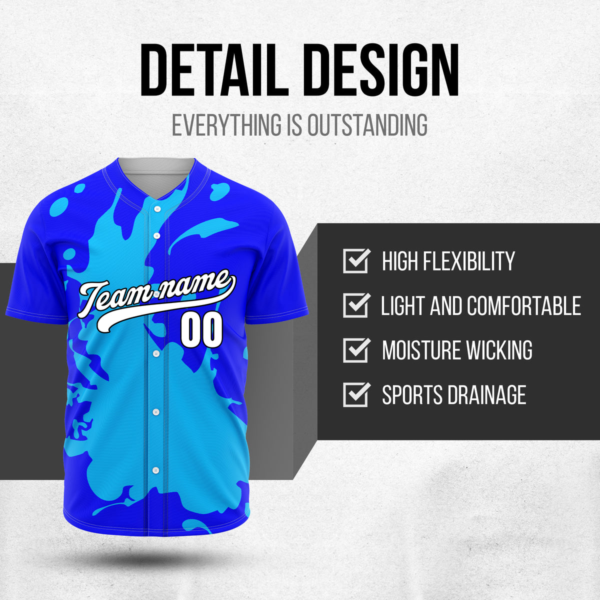 Custom Ink Splash Blue Baseball Sports Jersey Personalized Uniform with Name & Number