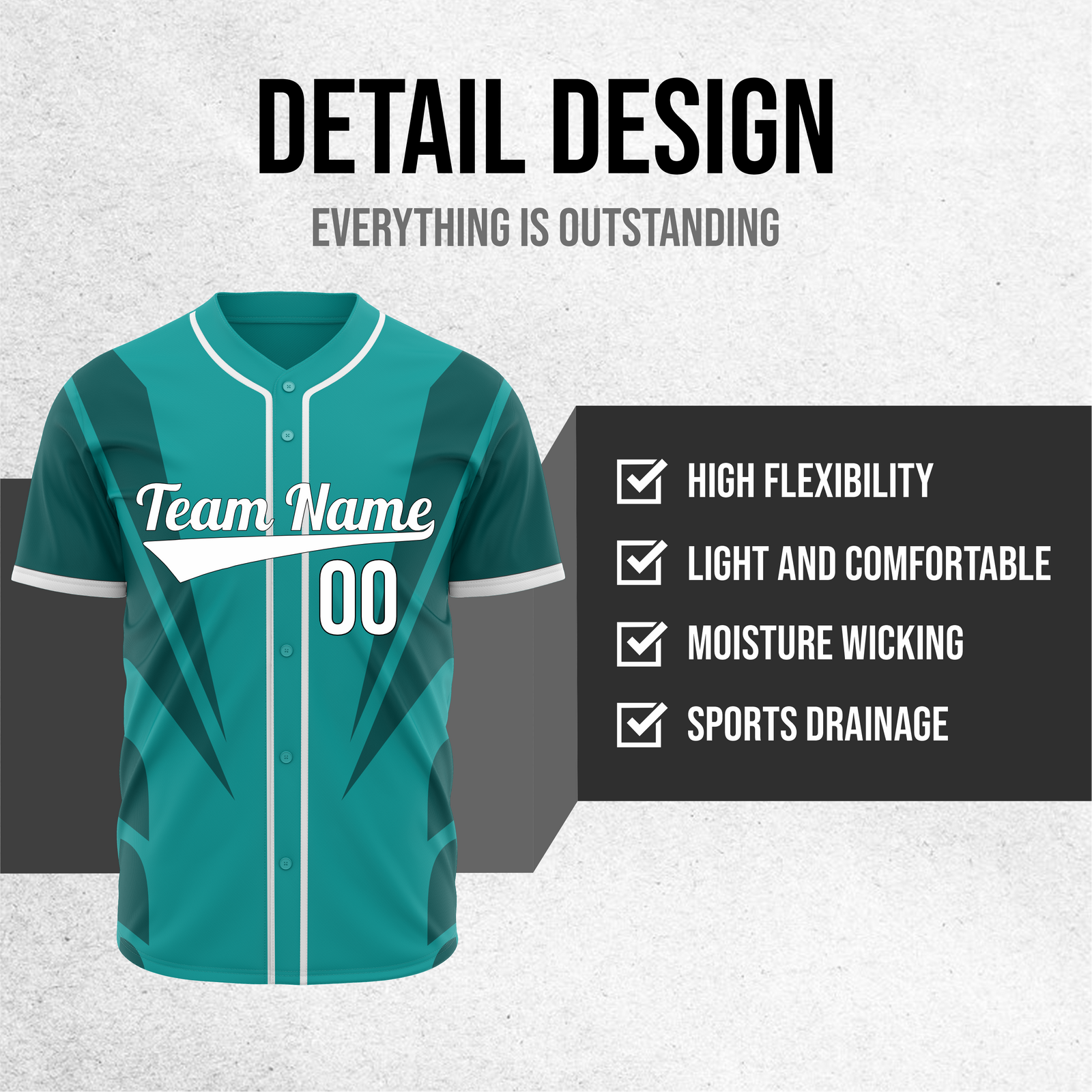 Custom Panel Flow Baseball Teal Sports Jersey Personalized Uniform with Name & Number