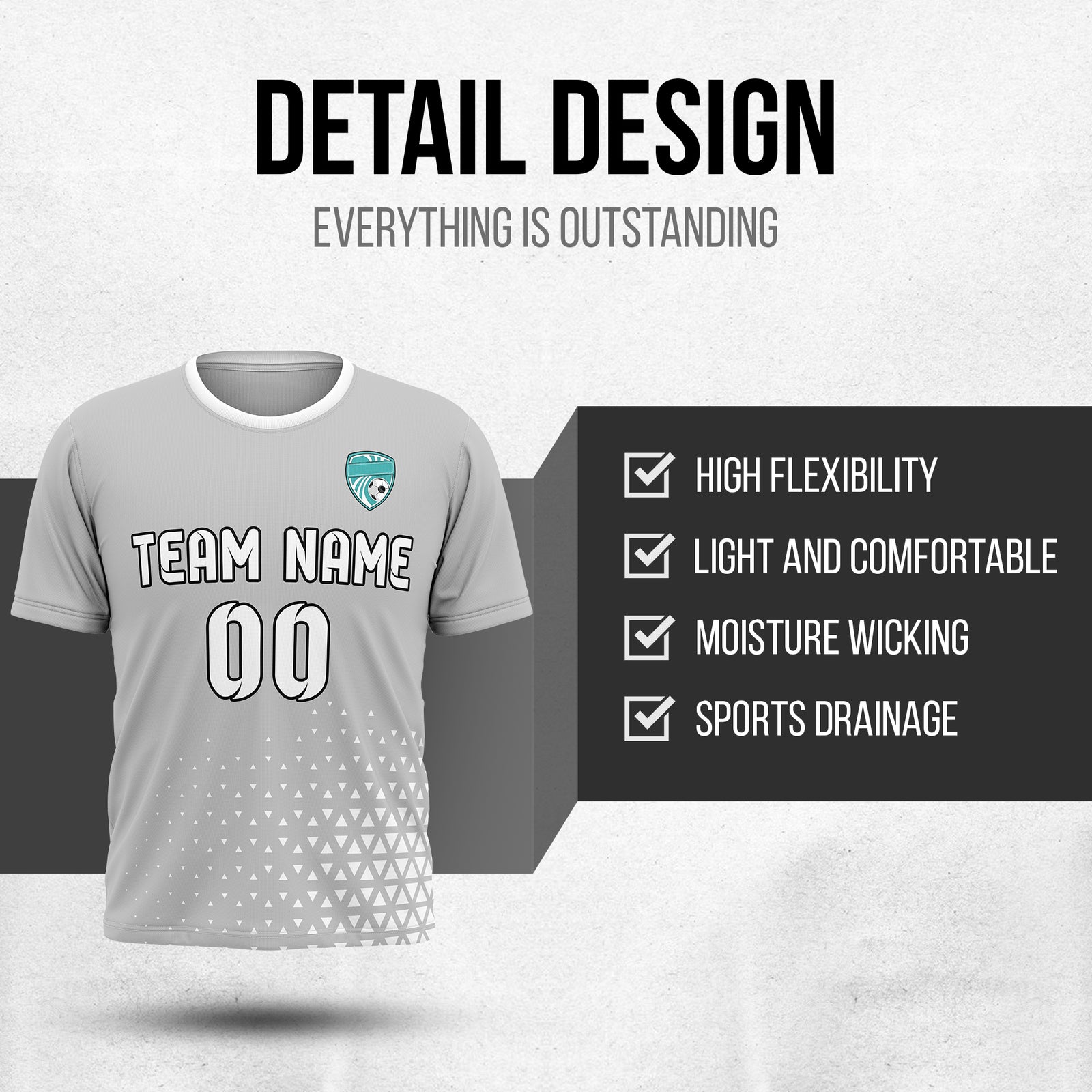 Custom Tri-Edge R Side Pattern Soccer Grey Sport Tops Jersey