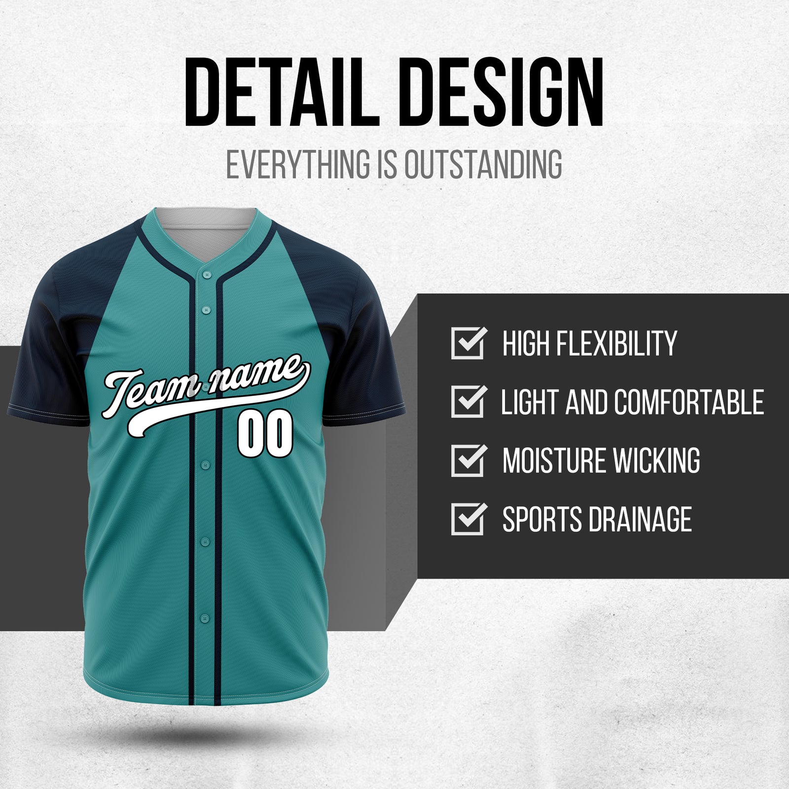 Custom Baseline Baseball Teal Sports Jersey Personalized Uniform with Name & Number