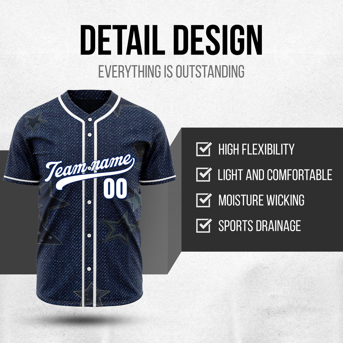 Custom Indigo Classic Denim Baseball Sports Jersey Personalized Uniform with Name & Number