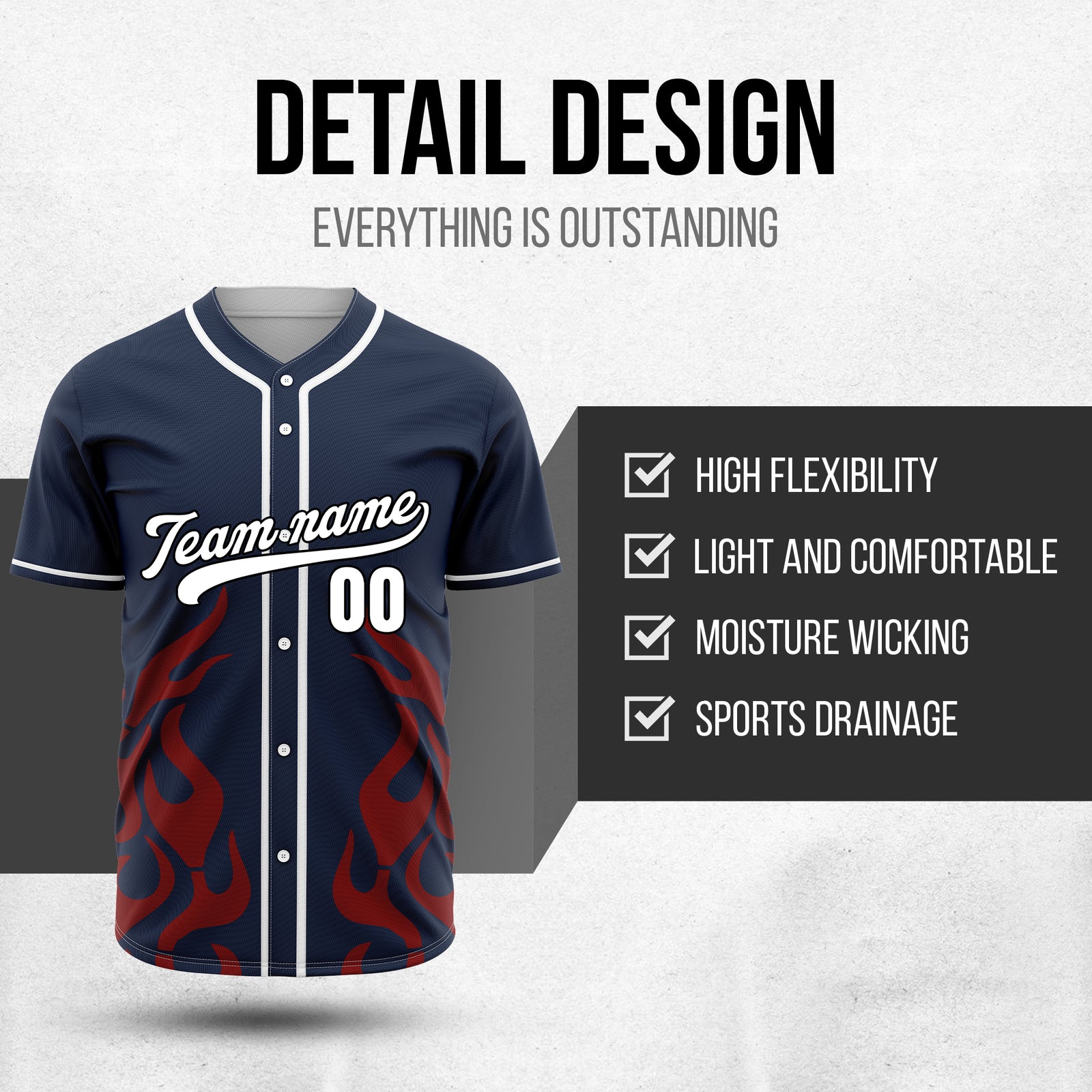 Custom Shadow Flames Navy Baseball Sports Jersey Personalized Uniform with Name & Number