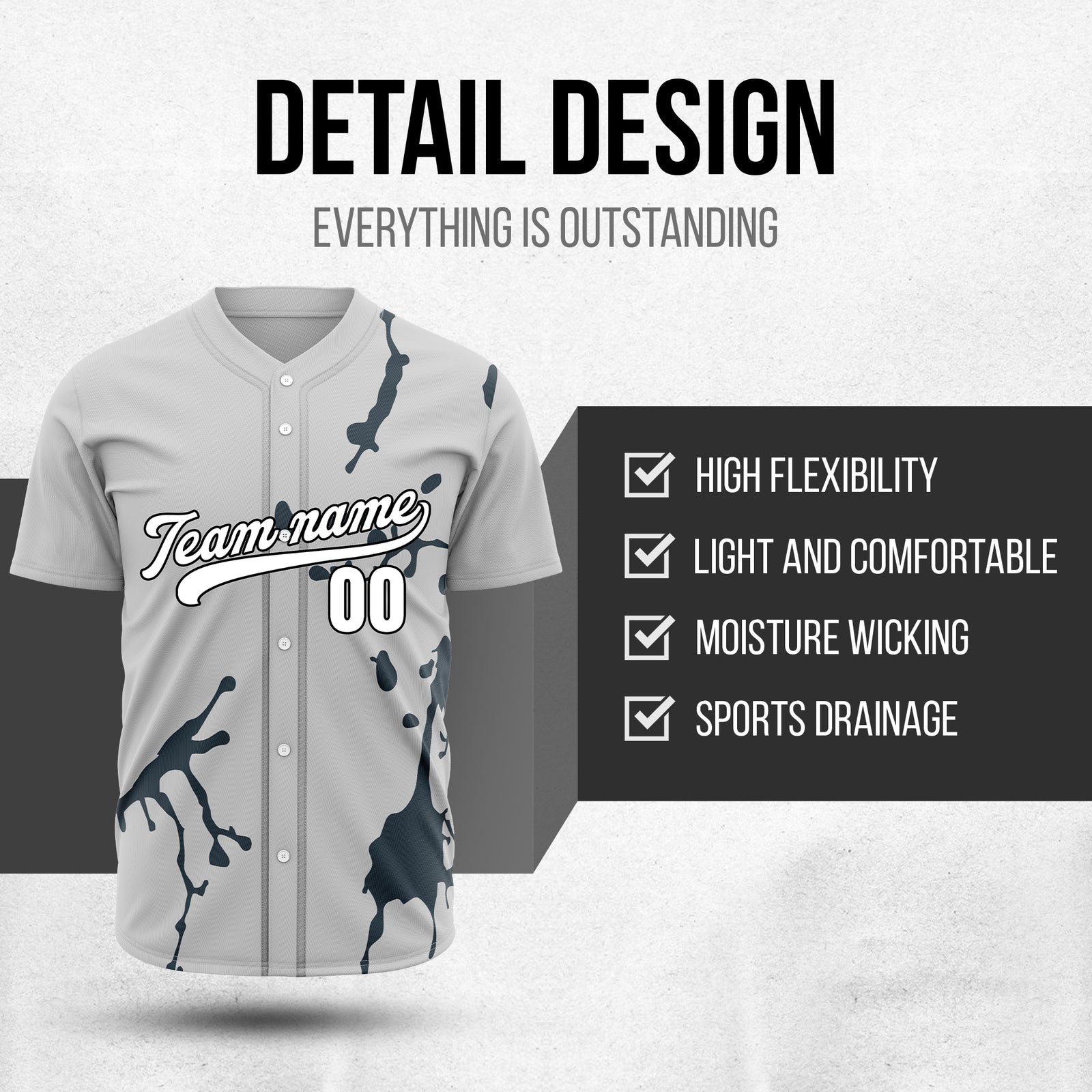 Custom Ink Paint Pop Grey Baseball Sports Jersey Personalized Uniform with Name & Number