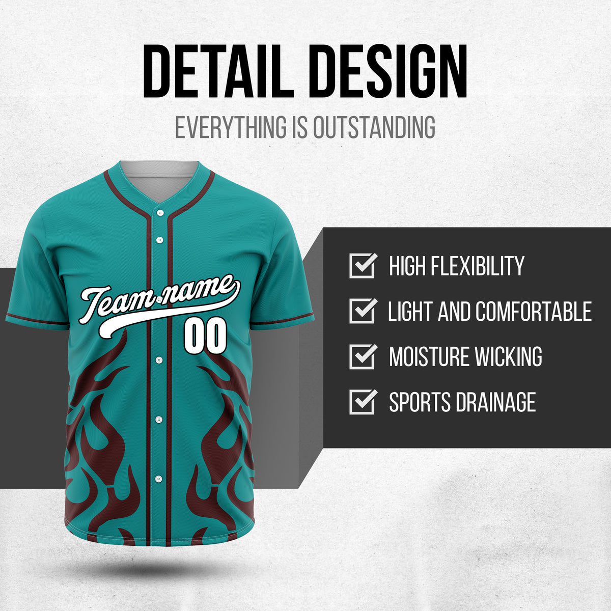 Custom Shadow Flames Teal Baseball Sports Jersey Personalized Uniform with Name & Number