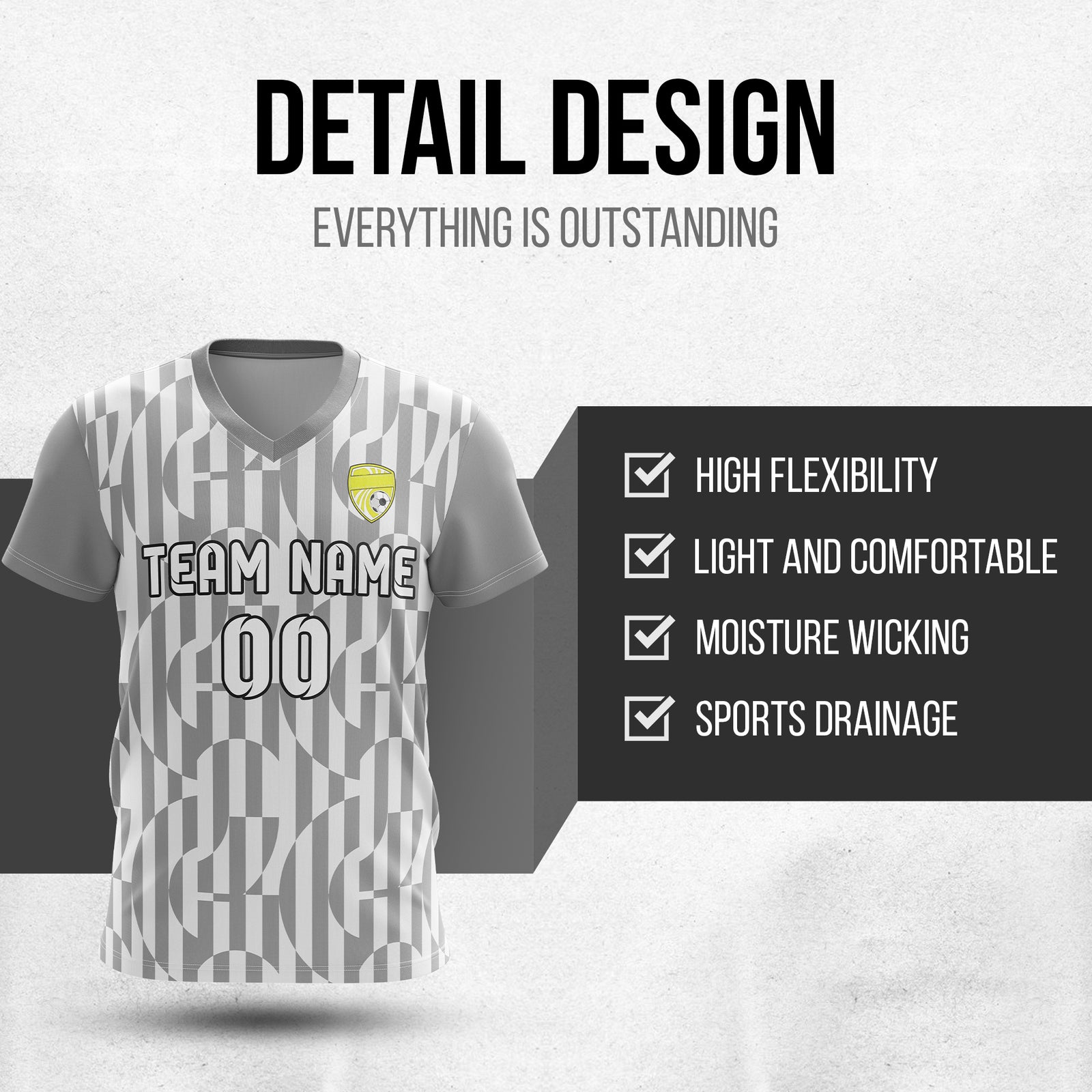 Custom Pulse Grid V-Full Pattern Grey Soccer sport Tops Jersey