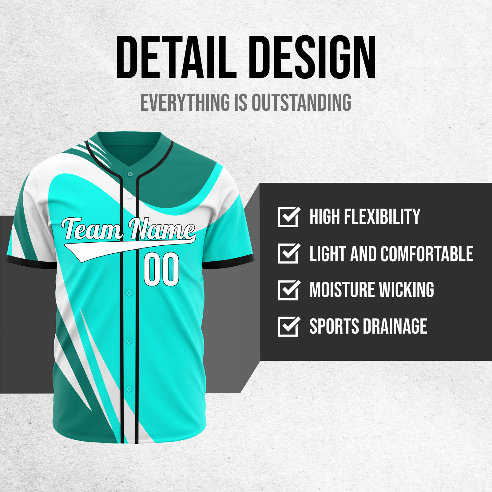 Custom Heritage Flow Baseball Aqua Sports Jersey Personalized Uniform with Name & Number