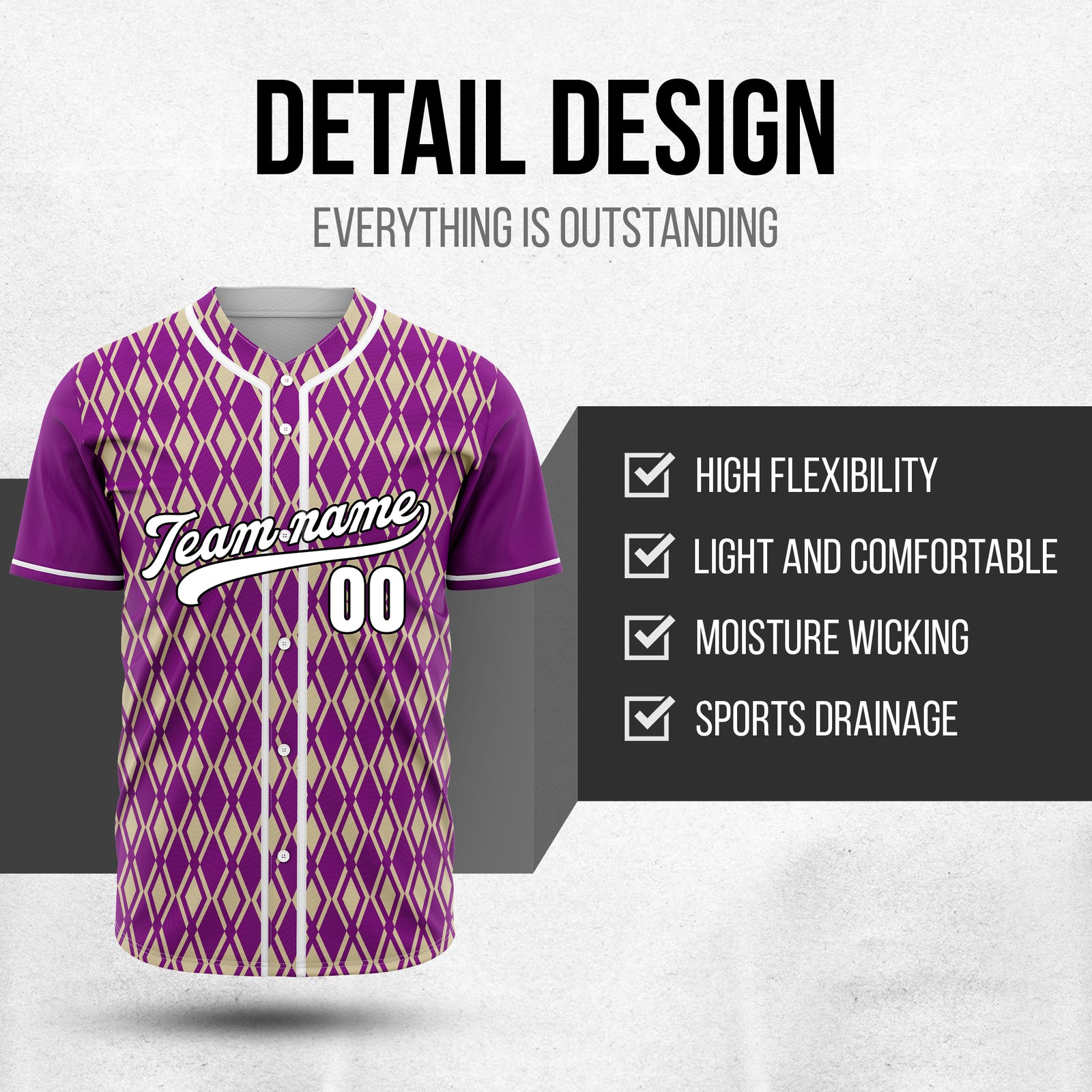 Custom Rhombic Edge Purple Baseball Sports Jersey Personalized Uniform with Name & Number