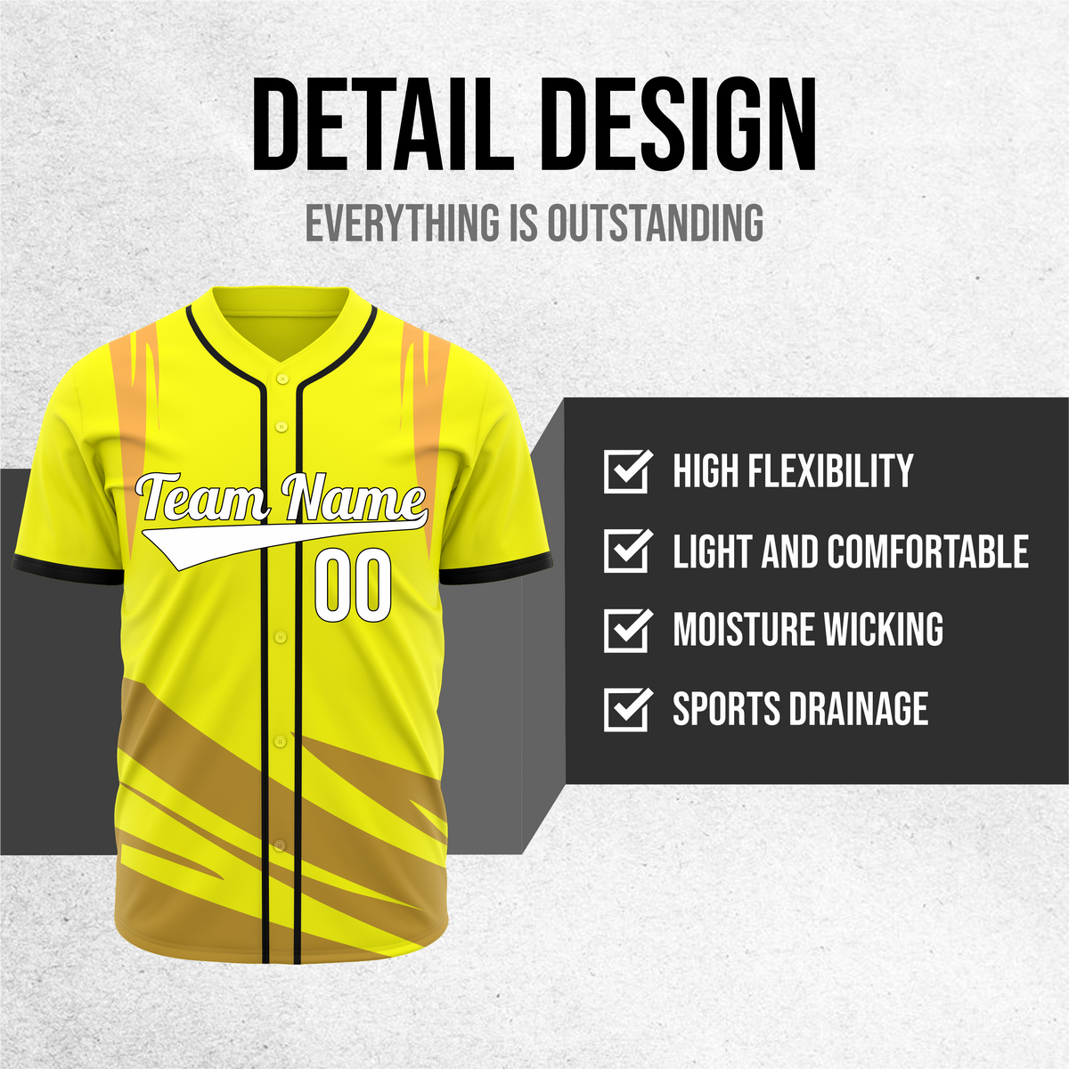 Custom Curve Edge Baseball Yellow Sports Jersey Personalized Uniform with Name & Number