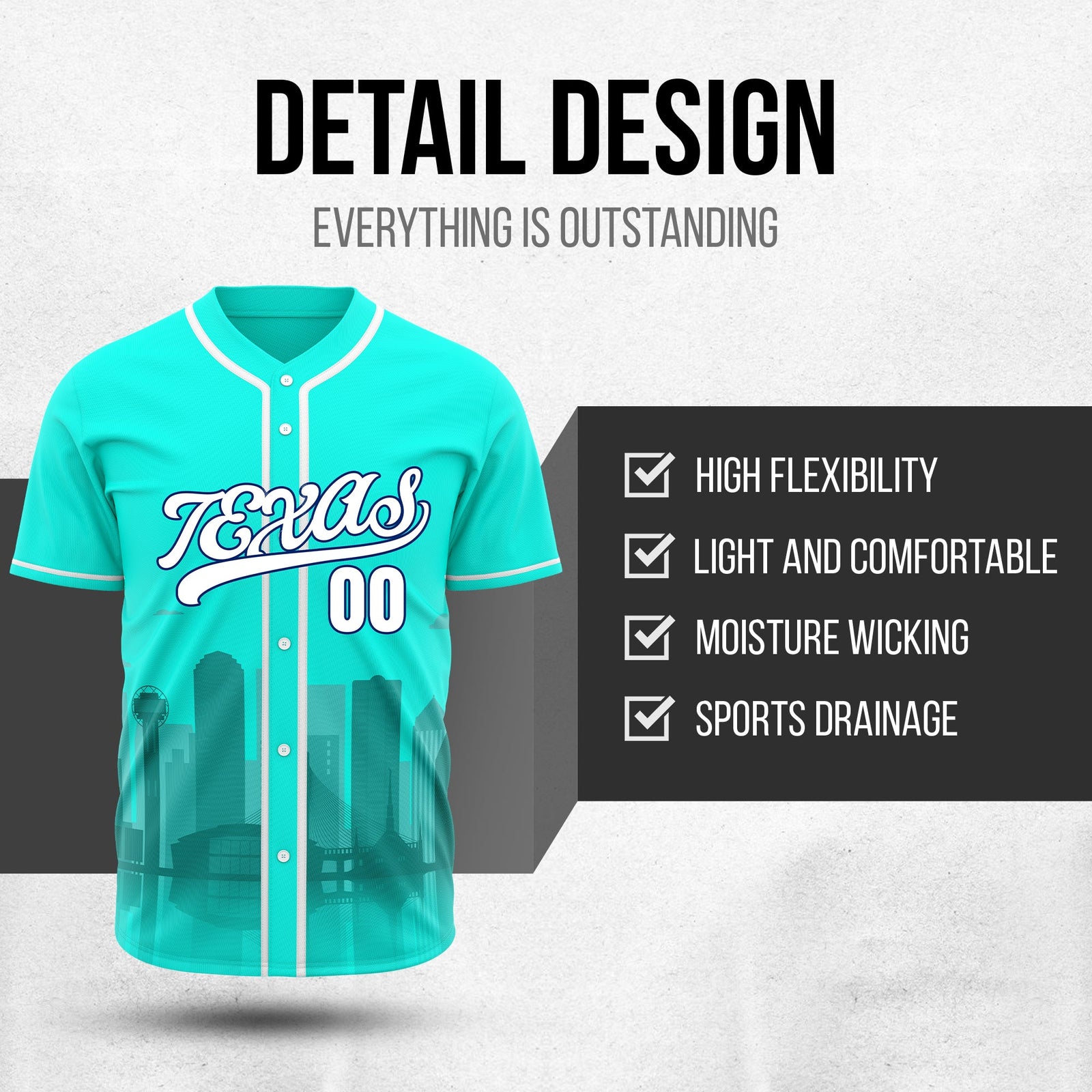 Custom City Lights Aqua Baseball Sports Jersey Personalized Uniform with Name & Number
