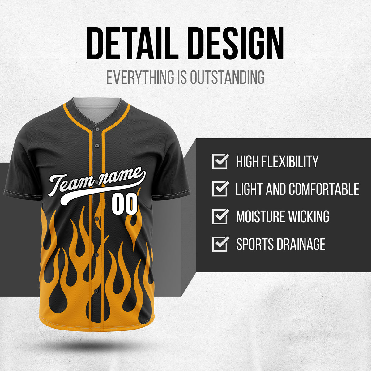 Custom Flame Black Baseball Sports Jersey Personalized Uniform with Name & Number