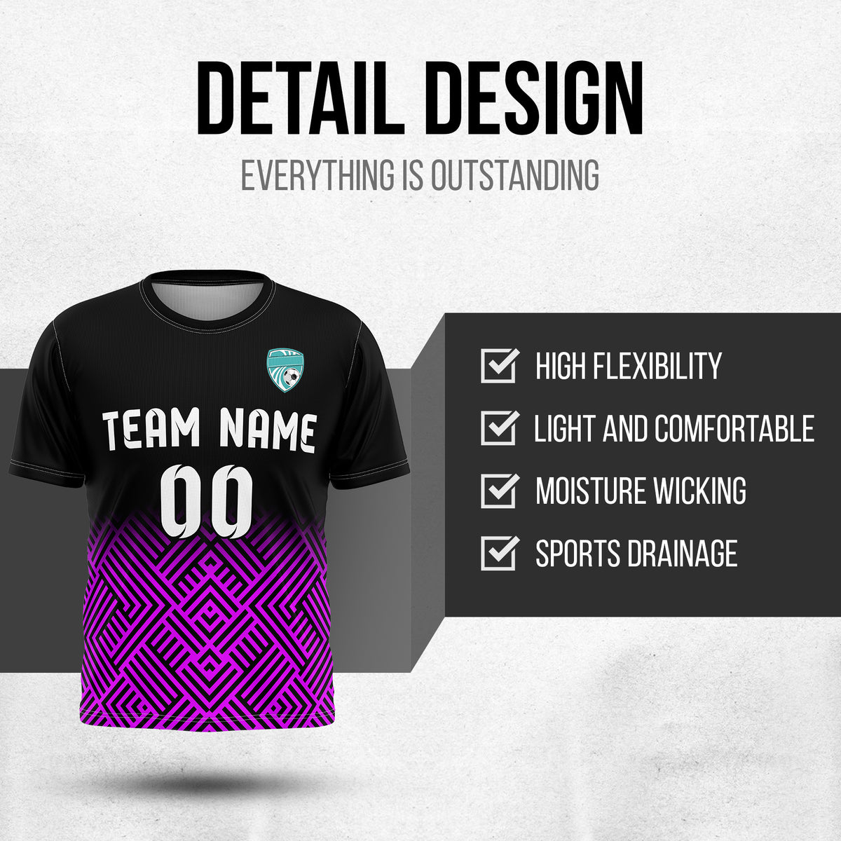 Custom Shadow Line R Side Pattern Soccer Black Sport Tops Jersey