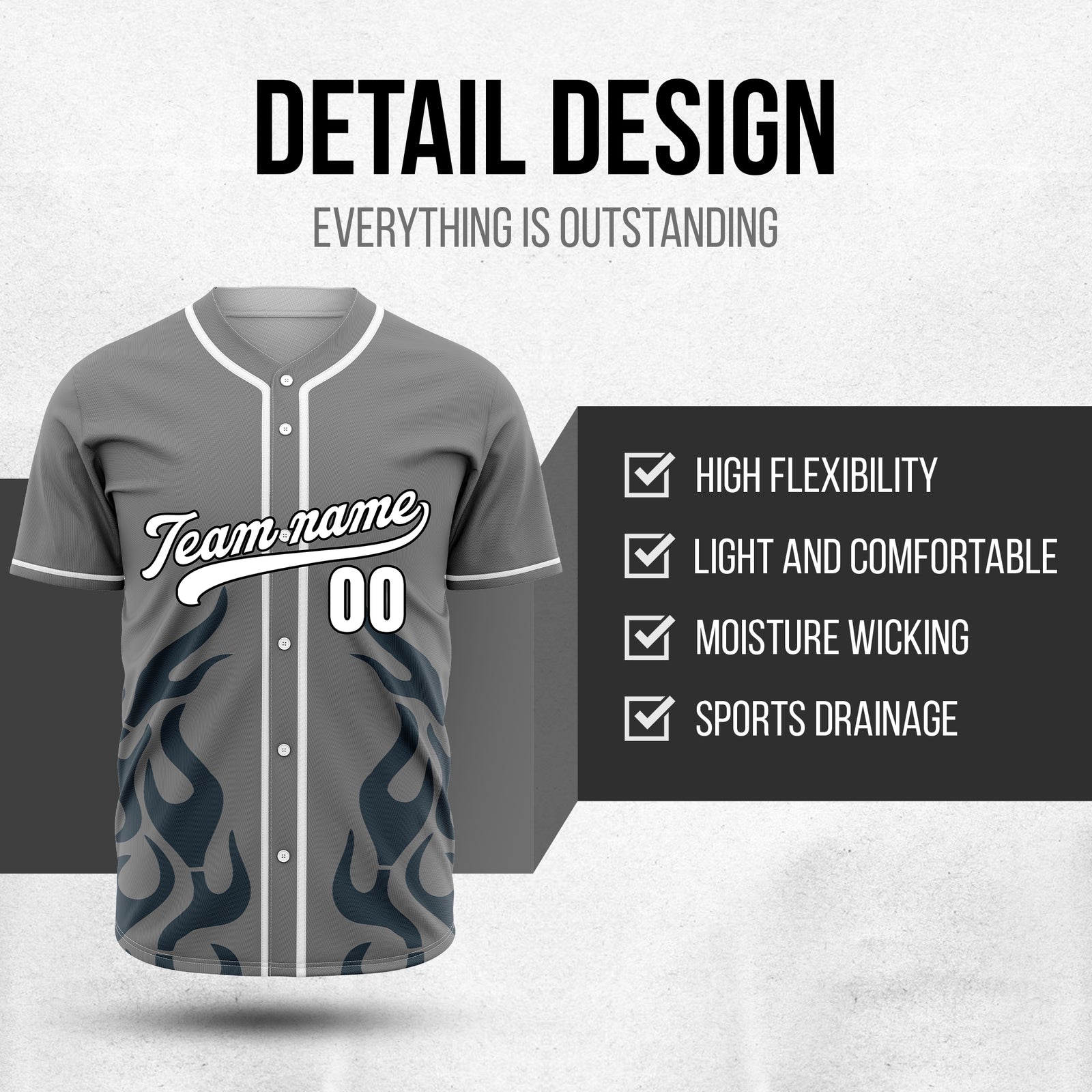 Custom Shadow Flames Grey Baseball Sports Jersey Personalized Uniform with Name & Number
