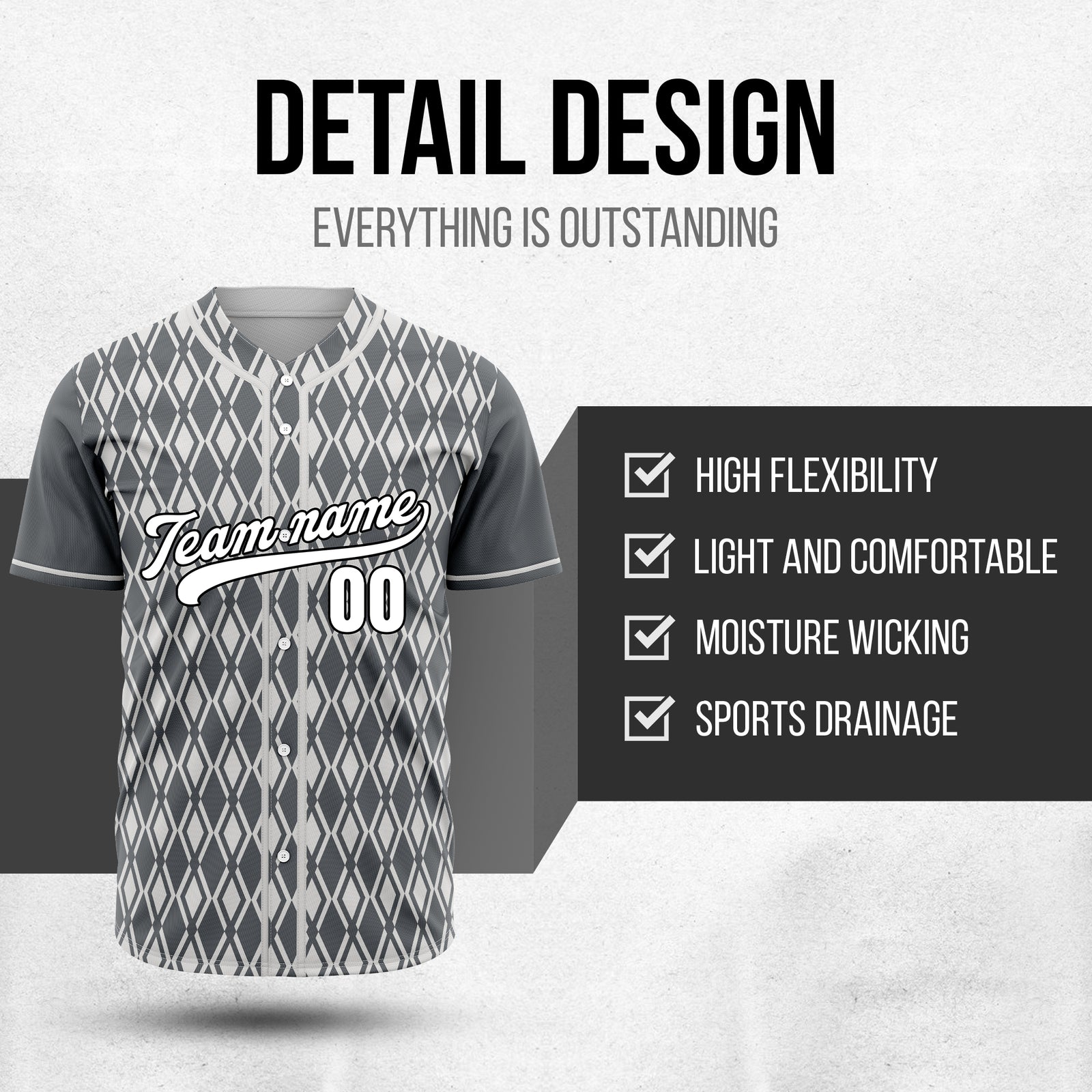 Custom Rhombic Edge Dark Grey Baseball Sports Jersey Personalized Uniform with Name & Number
