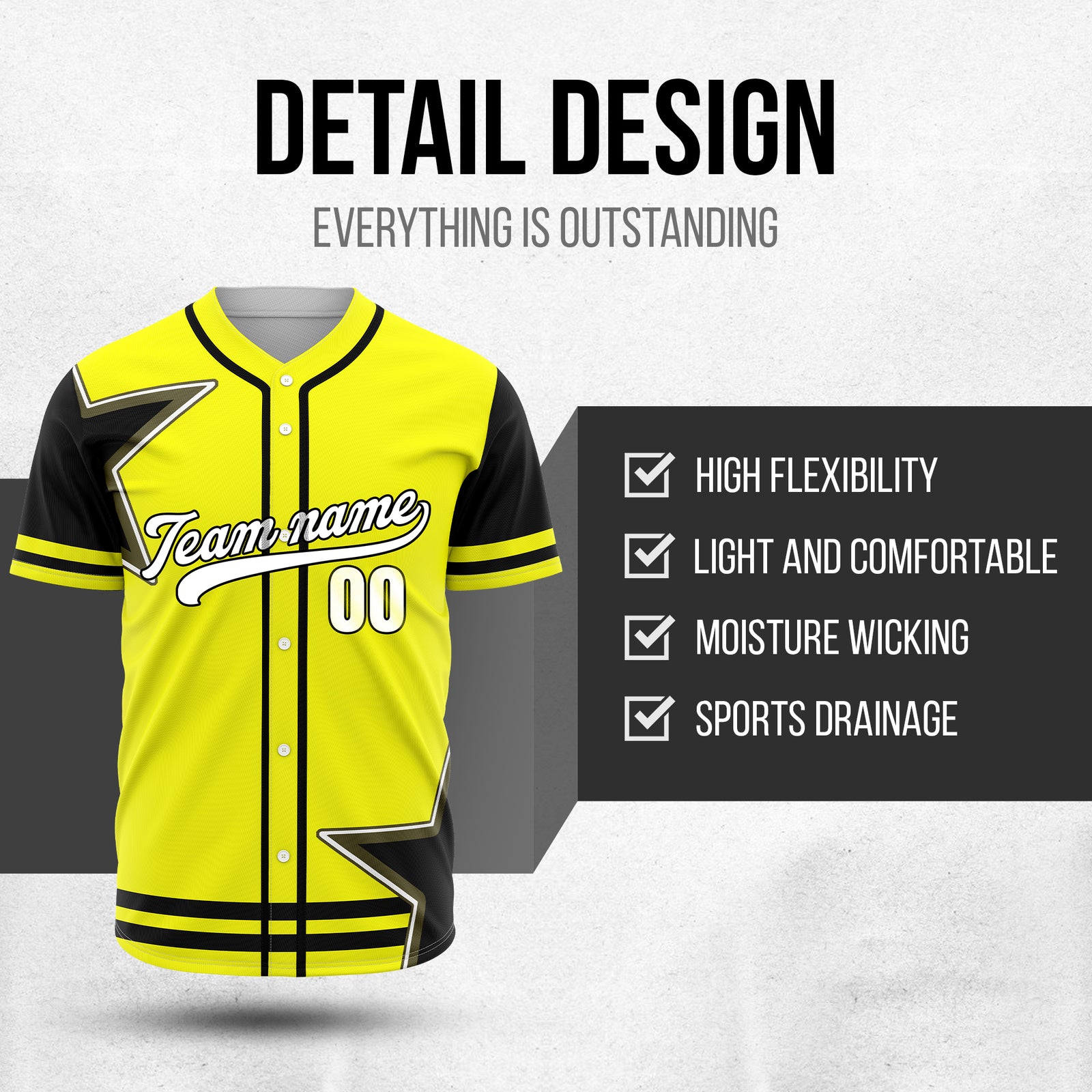Custom Star Classic Baseball Yellow Sports Jersey Personalized Uniform with Name & Number