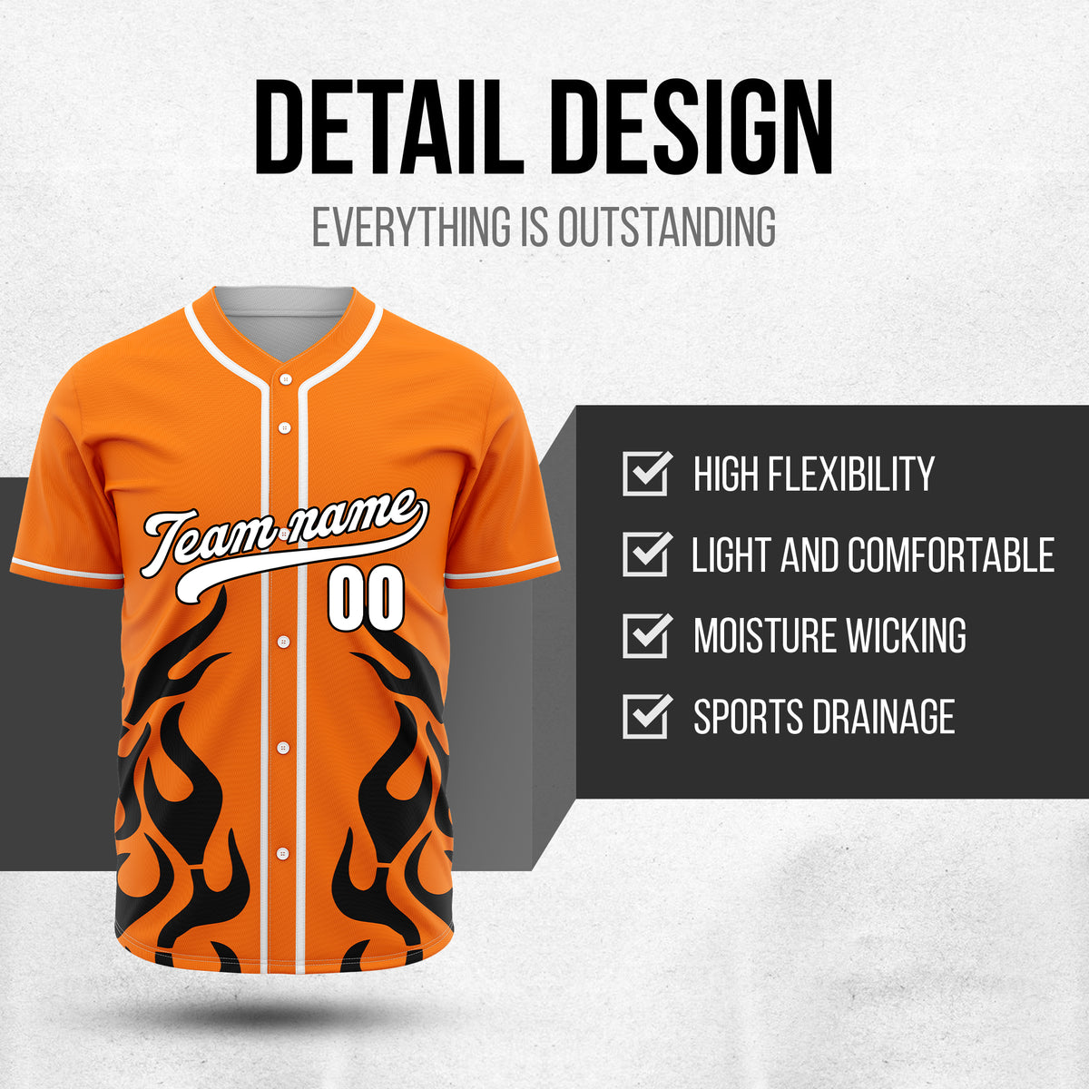 Custom Shadow Flames Orange Baseball Sports Jersey Personalized Uniform with Name & Number