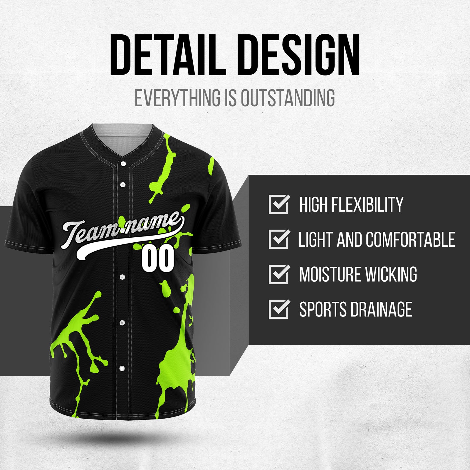 Custom Ink Paint Pop Black Baseball Sports Jersey Personalized Uniform with Name & Number