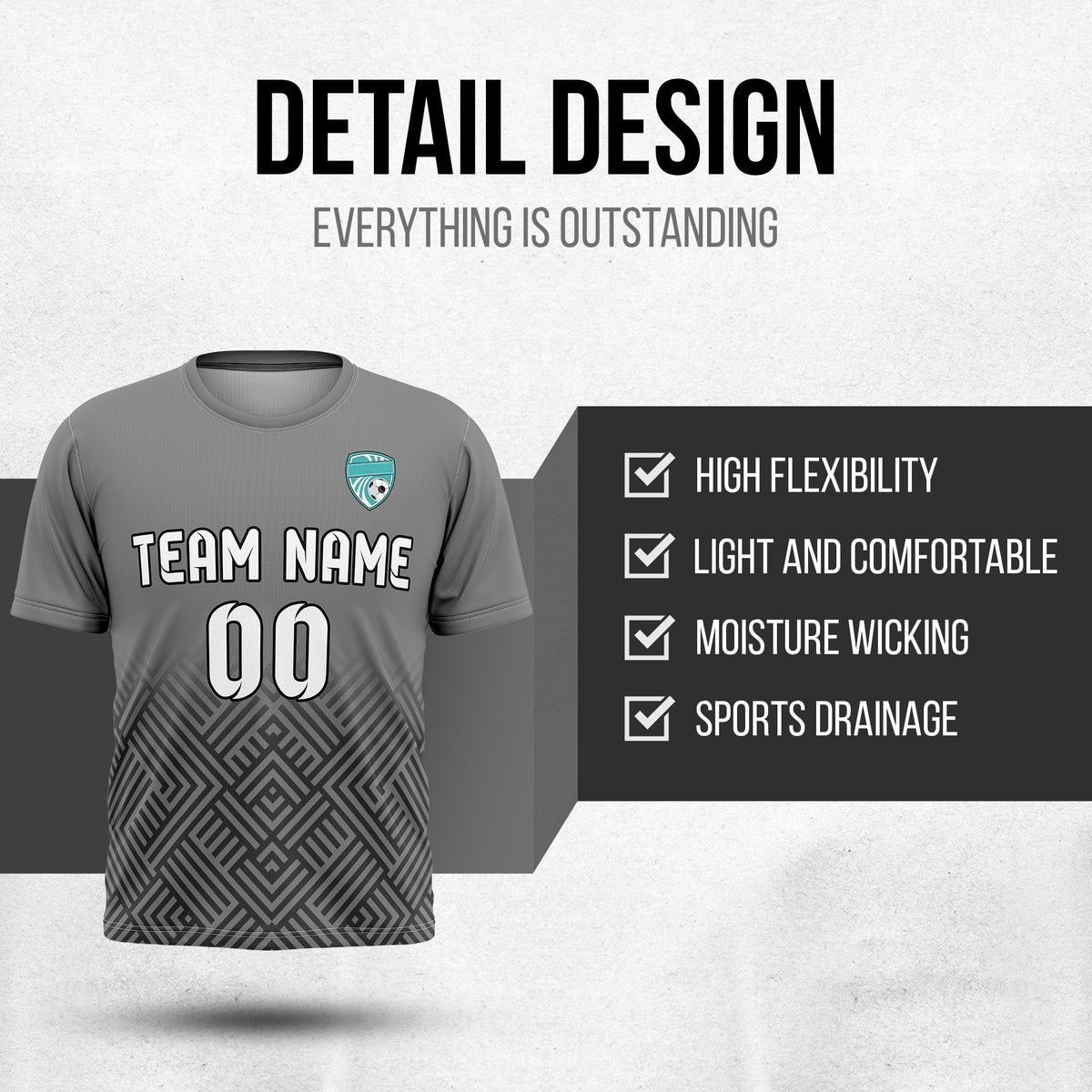 Custom Shadow Line R Side Pattern Soccer Dark Grey Sport Tops Jersey
