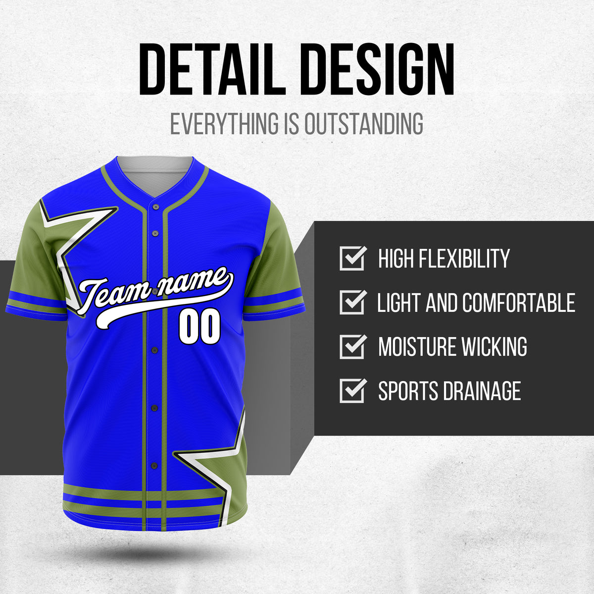 Custom Star Classic Baseball Blue Sports Jersey Personalized Uniform with Name & Number