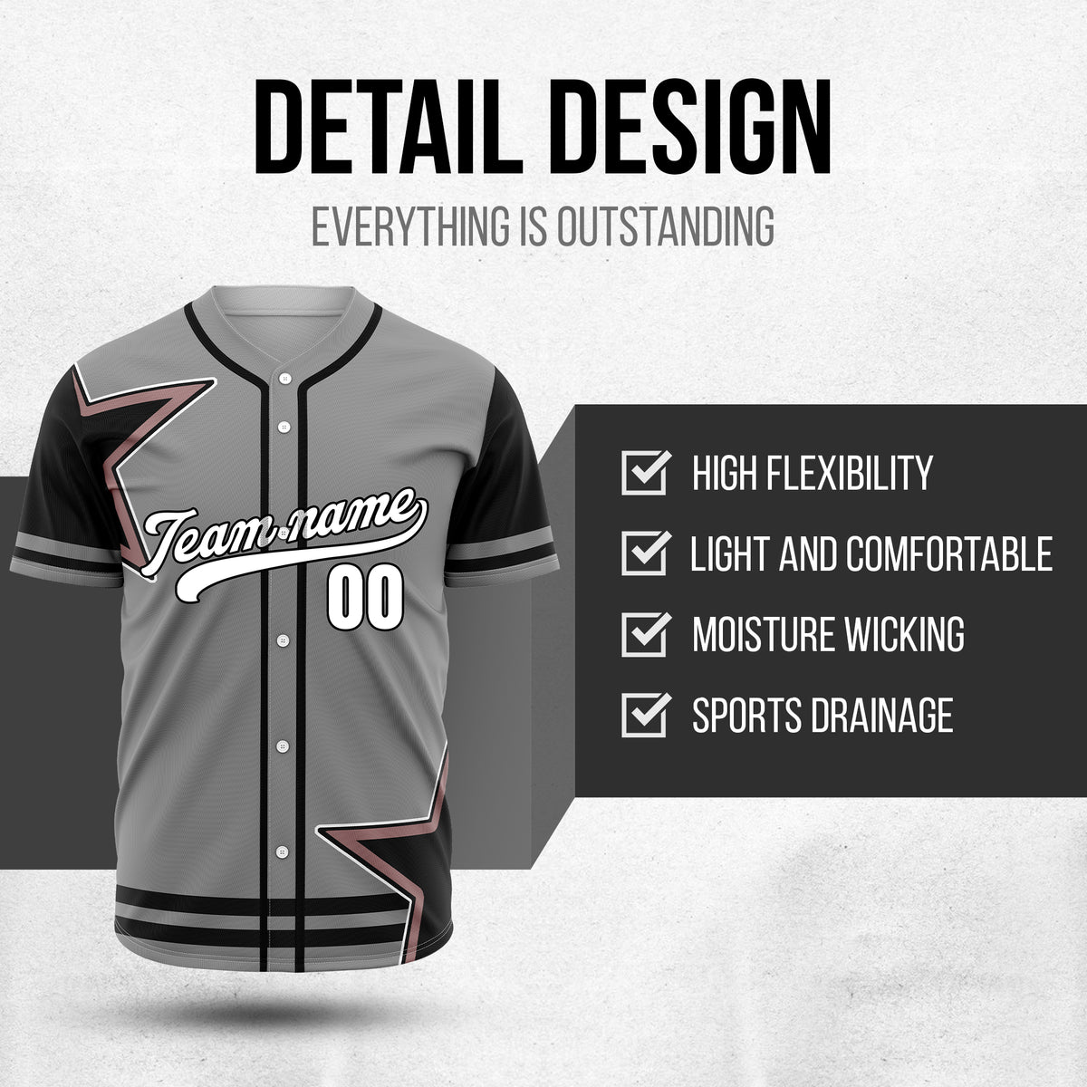Custom Star Classic Baseball Grey Sports Jersey Personalized Uniform with Name & Number