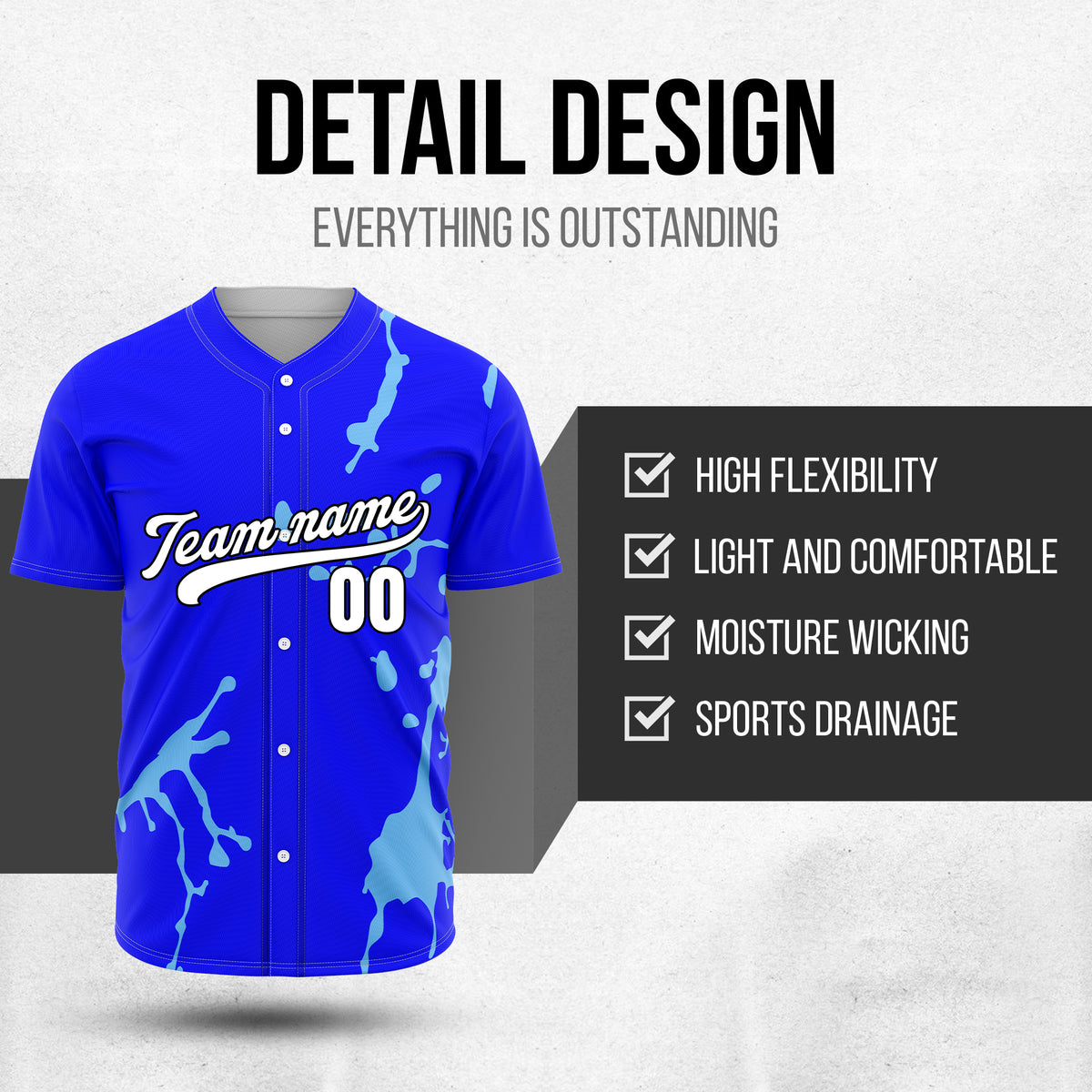 Custom Ink Paint Pop Blue Baseball Sports Jersey Personalized Uniform with Name & Number